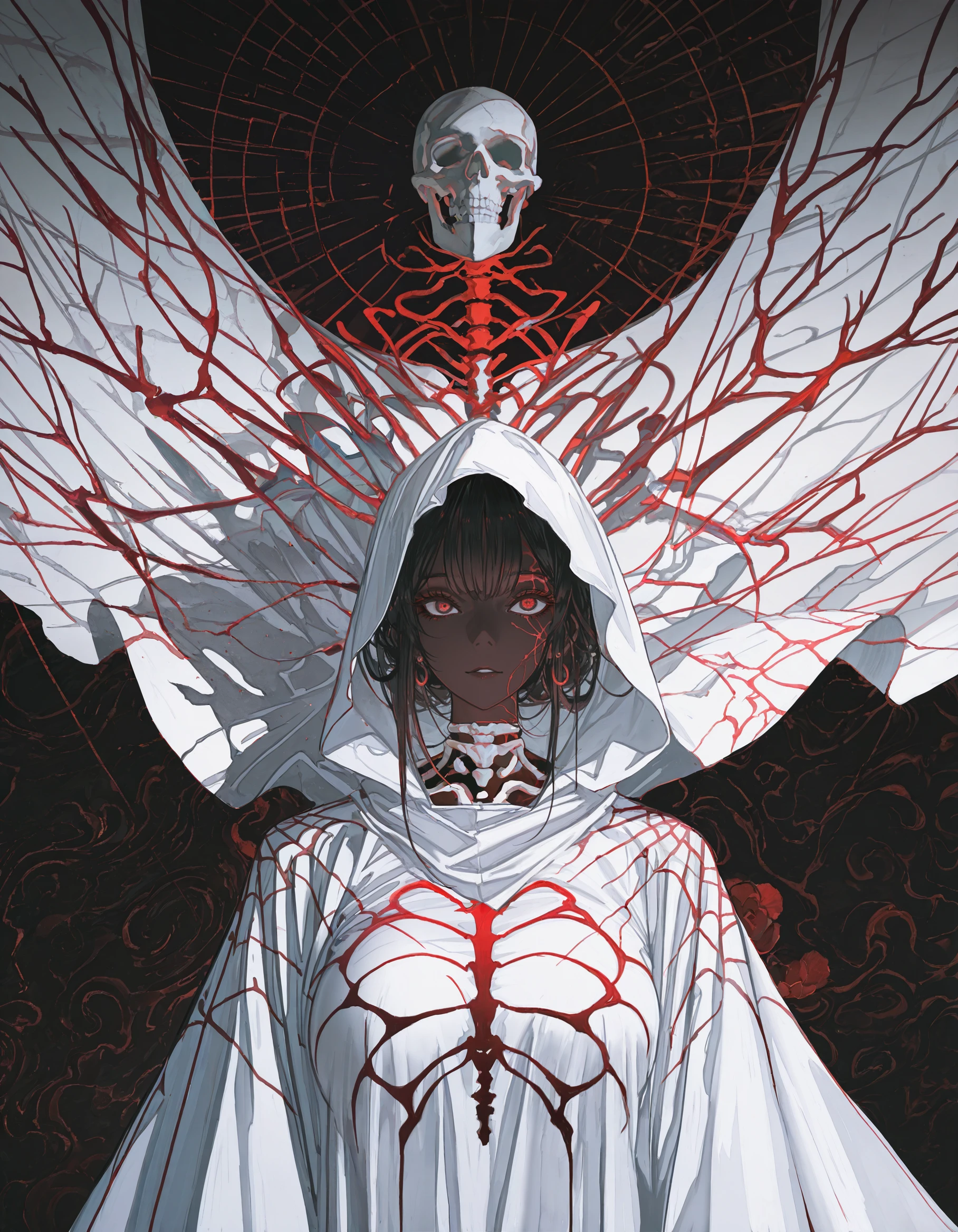 masterpiece,best quality,nsfw,very aesthetic,absurdres,<lora:kafka02_illu:1>,kafka02_illu,1girl, dark-skinned, flowing white cloak, red and black abstract background, ethereal atmosphere, glowing red accents, dynamic pose, skeletal motifs, surreal composition, intricate fabric details, ghostly aesthetic, gothic elements, white ribbons, powerful expression, intricate patterns, high contrast