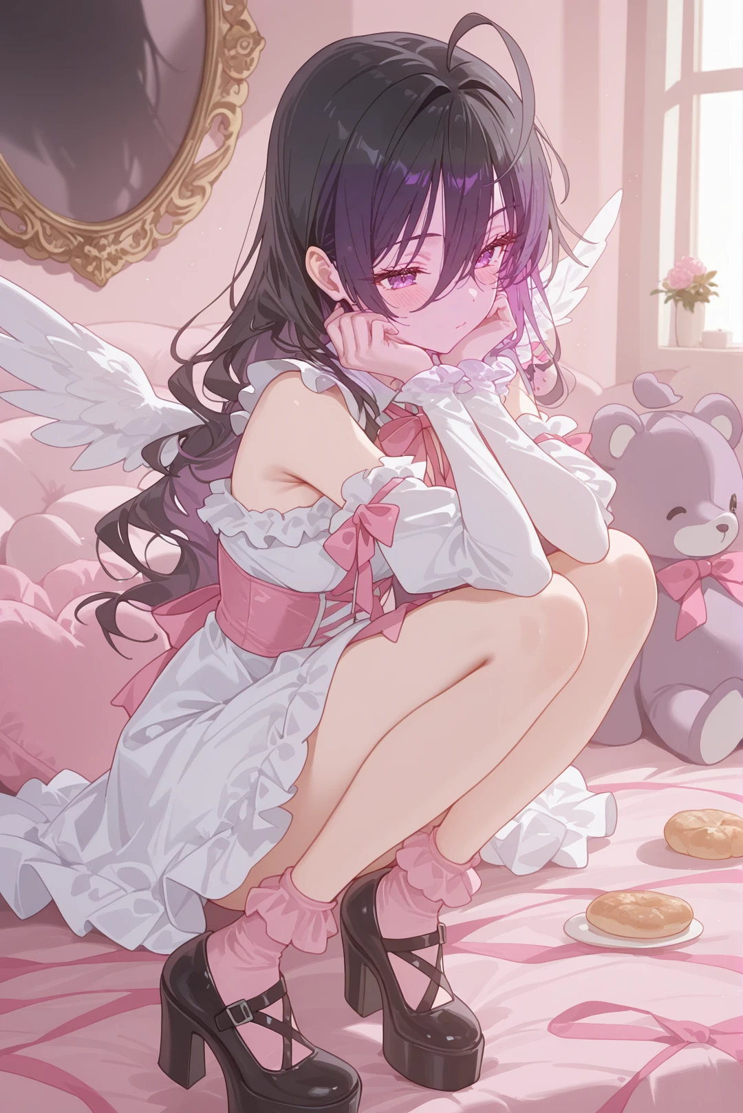 perfect quality,high quality,masterpiece,best quality,amazing quality,very aesthetic,Cinematic Lighting,newest,Tactical use of shadow,
1girl,solo,long hair,black hair,hair between eyes,ahoge,purple eyes,AyanoKimishima Cyql,
pink theme,socks,dress,bow,wings,frills,ribbon,pink ribbon,heart,full body,detached sleeves,sitting,stuffed toy,looking at viewer,food,stuffed animal,blush,high heels,pink bow,mirror,frilled dress,closed mouth,platform footwear,pink socks,,
<lora:ponyv4_noob1_2_adamW:0.6>,<lora:spo_sdxl_10ep_4k-data_lora_webui:0.6>,<lora:USNR STYLE_XL_loha:0.45>,<lora:HG2512 by CYQL:0.9>,HG2512,usnr,,<lora:Ayano Kimishima_Illustrious by Cyql:1>,