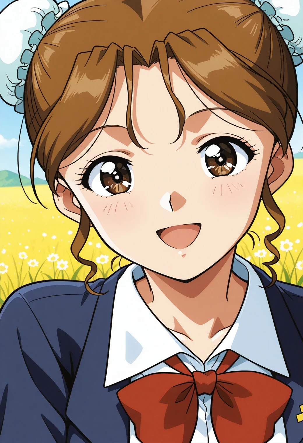 sr5_akira, retro artstyle, brown eyes, brown hair, double bun, bun cover, school uniform, red bowtie, blazer, long sleeves, blue jacket, open jacket, white shirt, collared shirt, <lora:SR5_akira_illustrious_ver1:0.8>
smile,, masterpiece, best quality, sensitive,, 1girl, solo, (field:1.2), (blue sky:1.2), looking at viewer,, (upper body:1.2), (close-up:1.2), (facing viewer:1.2), (open eyes:1.4), (portrait:1.2)