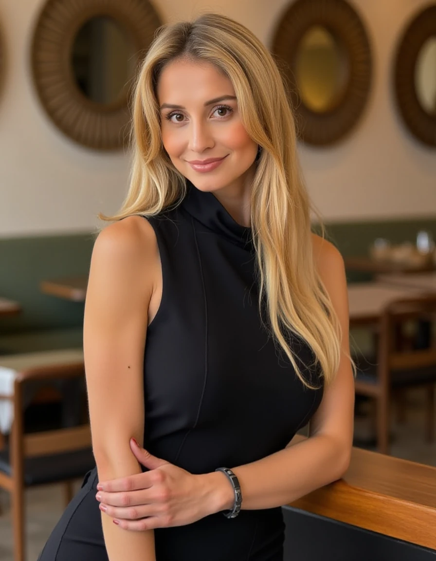 This is a high-resolution photograph featuring a woman with long blonde hair wearing a sleeveless turtleneck dress standing in a cafe smiling at the viewer <lora:Maria Arreghini:1>