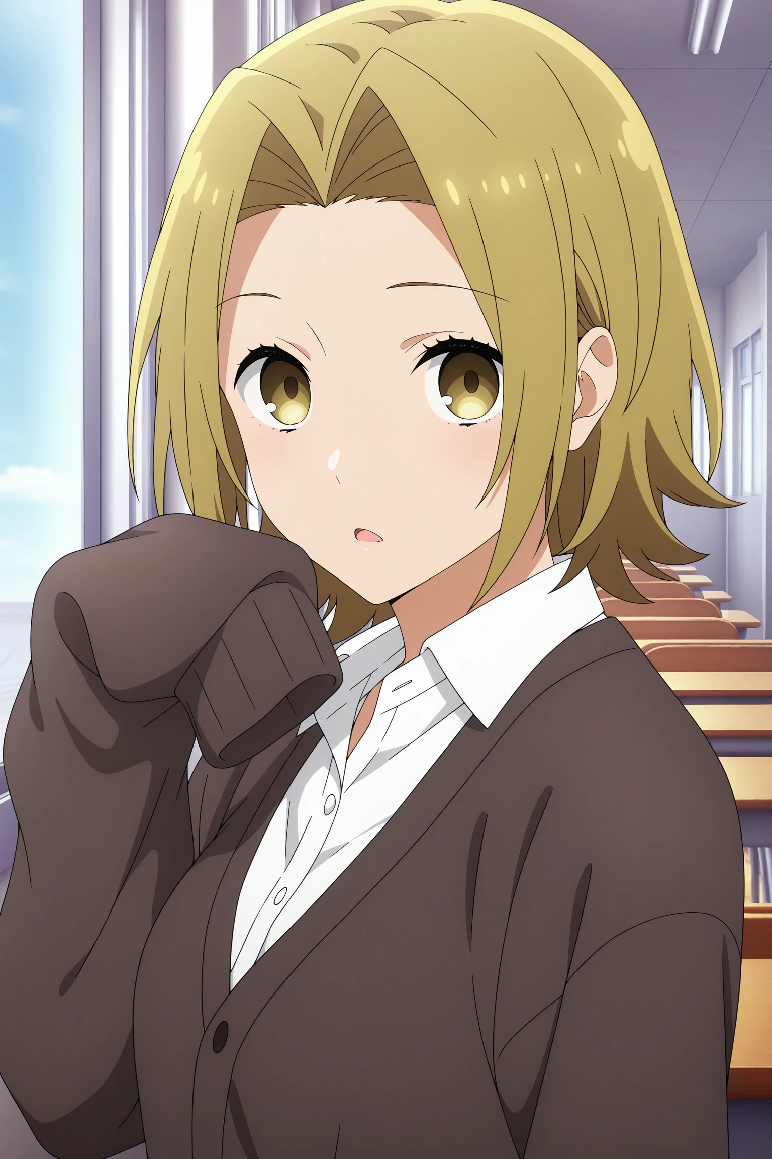 masterpiece, best quality, amazing quality, highres, absurdres, very aesthetic, high resolution, ultra detailed, perfect details, 1girl, solo, indoors, day, classroom, yoshikawa yuki, blonde hair, short hair, curtained hair, yellow eyes, long sleeves, white shirt, collared shirt, brown cardigan, sleeves past fingers, black skirt, pleated skirt, black socks, kneehighs, loafers, <lora:Yuki_Yoshikawa_ILXL:0.8>, (aged up:1.3), looking at viewer, (portrait:1.2), expressionless, open mouth, (pose:1.1), anime screencap