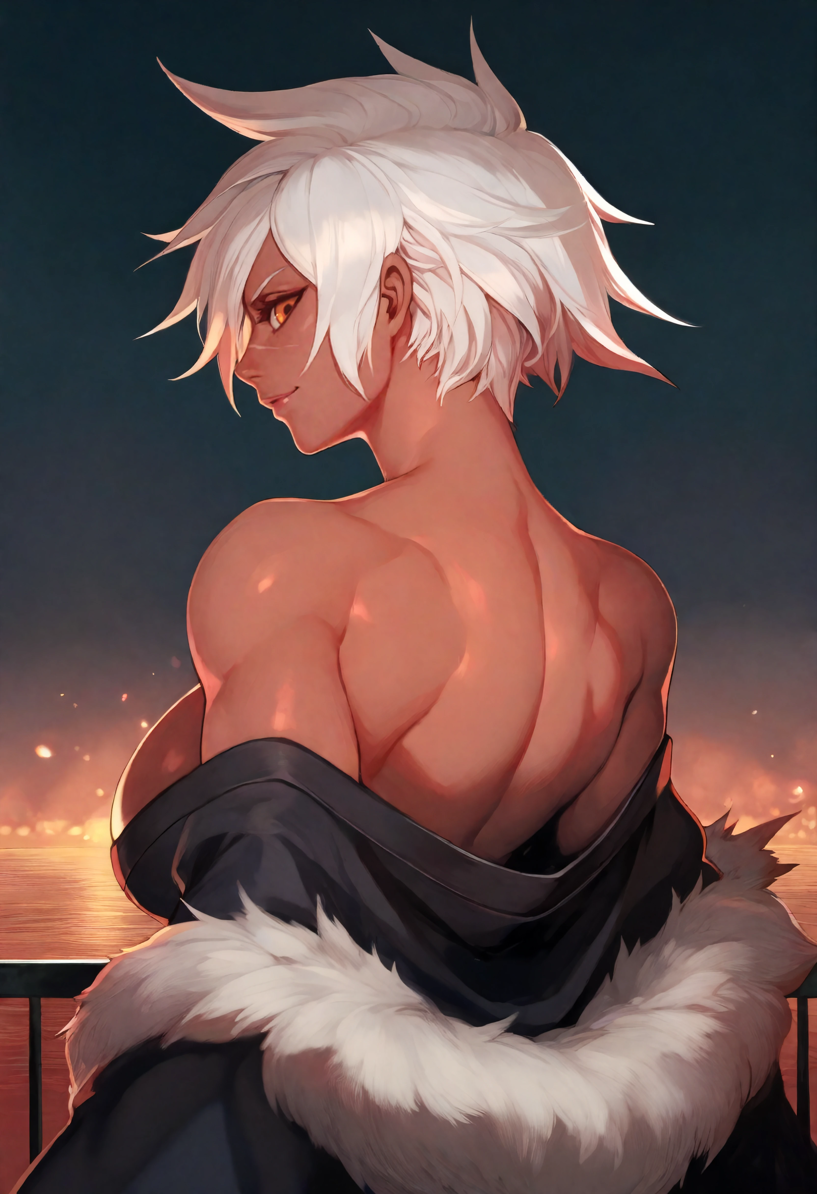 masterpiece, best quality, very aesthetic, night,darkness,dark theme,outdoors,railing,lack,reflective water,sky,upper body,1girl,from behind, bltbb, large breasts,toned, dark-skinned female, white hair, short hair, orange eyes, scar on face,kimono,off shoulder,backboob,looking at viewer,fur trim,seductive smile,lips <lora:bltbb_n11:0.8>