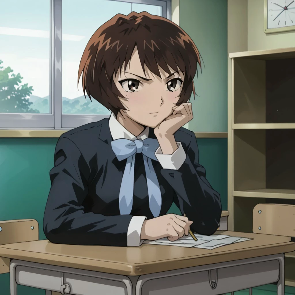 best quality, masterpiece, break, solo, takako_nh, short hair, brown hair, school uniform, bowtie, sitting, classroom, head rest,