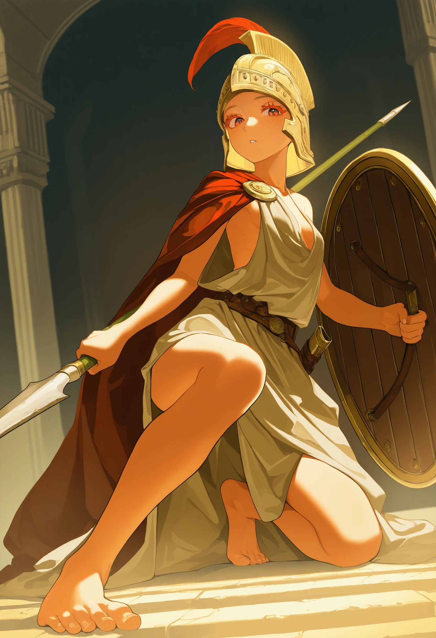 by [|diyokama|say hana|yoneyama mai|lam],
1girl, ancient greek clothes, greco-roman clothes, red toga, cape clasp, solo, body freckles, on one knee, holding shield, holding polearm, thrusting, barefoot, spear, full body, plume, toes, parted lips, helmet, armor, small breasts, sheath, dutch angle, foreshortening,
looking at viewer, colored eyelashes, long eyelashes,
greco-roman architecture,
masterpiece, best quality, very awa, absurdres
<lora:noobai_epred_11_ ancient_greek_clothes_v1:1>