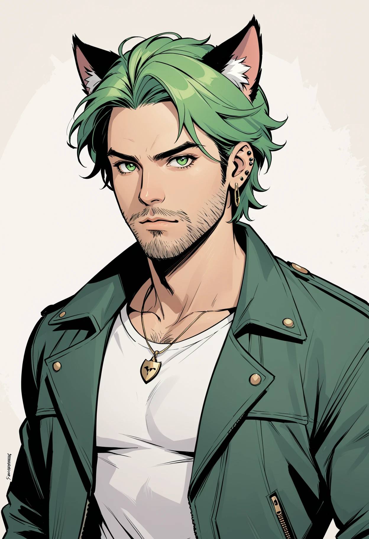 Hell4ineXLPOS solo, looking at viewer, shirt, 1boy, animal ears, jacket, upper body, male focus, green hair, cat ears, facial hair, piercing, ear piercing, beard, cropped torso, stubbleâââ