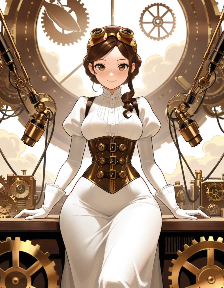high quality, highres,(masterpiece:1.2), best quality, amazing quality, very aesthetic, absurdres,(close up1.3), detailed face,
sexy, thicc, wide hips, small waist, soft blush, smile,medium breasts,looking at viewer,
steampunk, princess, victorian dress, mechanical accessories, goggles, clockwork, golden gears, intricate corset, airship background, brown and gold palette, detailed machinery, elegant hairstyle, gloves, steam clouds, adventure theme