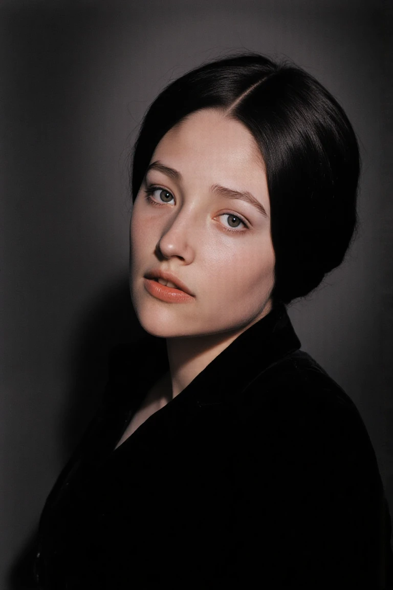 Create a close-up, high-fashion portrait of a woman with striking eyes and a calm, confident expression. She wears a sophisticated black outfit that exudes elegance and minimalism. The background is a smooth gradient of dark gray, enhancing the overall refined and contemporary aesthetic. The lighting is soft yet directional, highlighting her flawless complexion and subtle makeup, with a focus on her eyes and cheekbones. The mood of the portrait is polished, modern, and artistic.,ashgflx