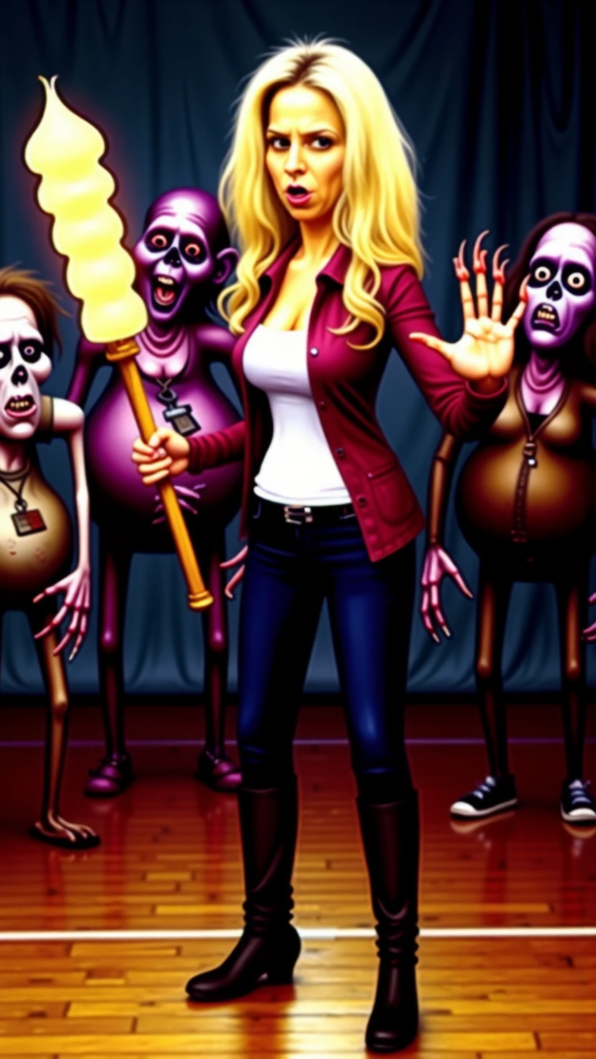 <lora:EverlyHeightsWeirdosFLUX:1> "Weirdos of the Flux: Totally Buffed!" â A parody of "Buffy the Vampire Slayer," featuring Sarah Michelle Geller wielding an oversized, glowing stake, surrounded by campy, undead monsters in a dark and creepy high school gym.