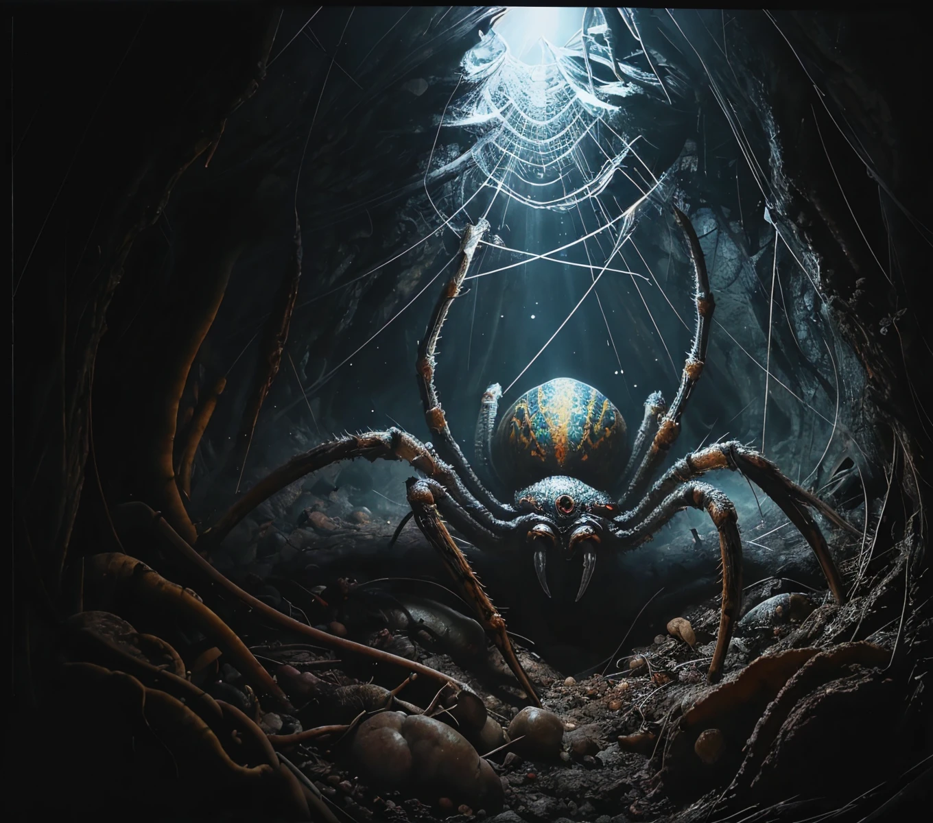 RAW photo, (masterpiece:1.3), subsurface scattering, heavy shadow, (high quality:1.4), (intricate, high detail:1.2), professional photography, HDR, High Dynamic Range, realistic, ultra realistic, photorealistic, high resolution, film photography, ambient lighting, atmospheric effects, <lora:detail_slider_v4:2>, OverallDetail, <lora:Spider_Lair:0.8>, a sinister cave with spider webs, giant spider, spidla, epiCPhoto