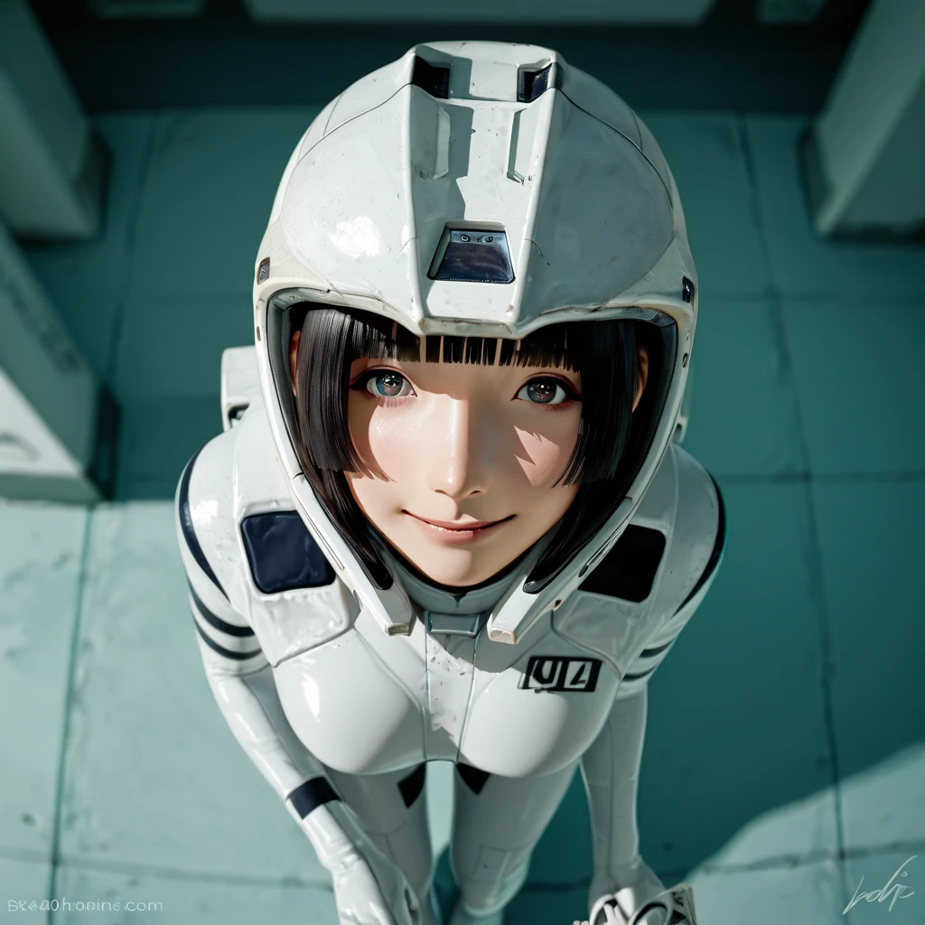 masterpiece, 1440p, 8k, UHD, amazing quality, high resolution, 1girl, solo, hoshijiro-shizuka, 1girl, solo, black hair, short hair, helmet, spacesuit, headwear removed, bodysuit, signature, looking at viewer, helmet removed, smile, from above, bob cut, pilot suit, holding <lora:oshijiro_Shizuka_Sidonia_no_Kishi_Illustrious:1>
