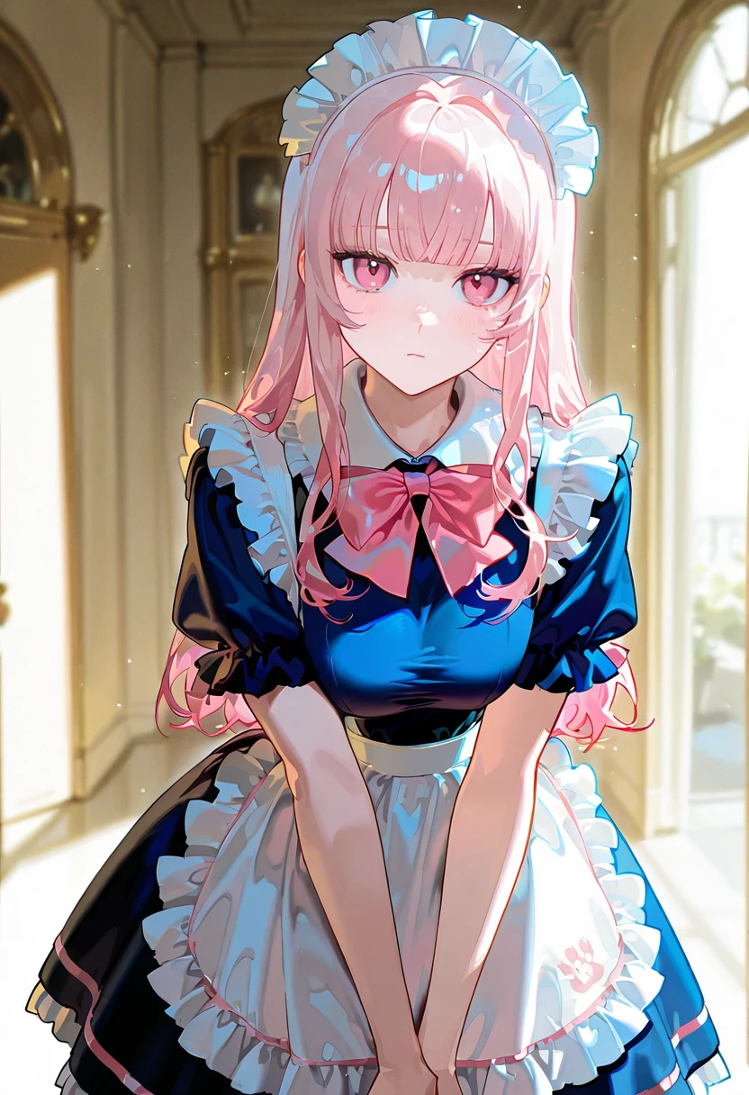 1girl,solo,looking at viewer, echo (circa),maid, 1girl, maid headdress, apron, blue dress, frills, short sleeves, pink bow, mori_calliope