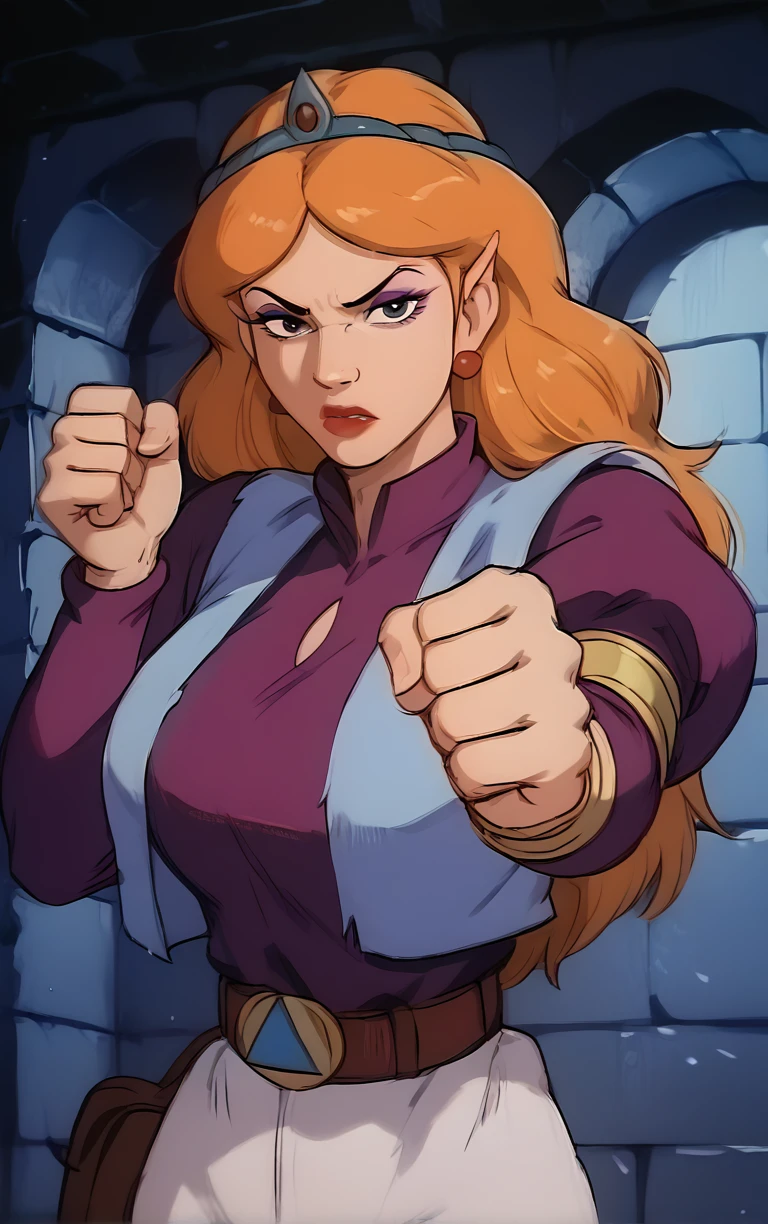 1girl, z3ld4standard, <lora:Zelda1989_-_Cartoon:0.9>, p4nch, looking at viewer, punching, clenched hand, blue tiara, purple blouse vest, pink pants, gold arm cuffs, belt pouch, red earrings, brown belt, makeup, eyeshadow, red lips, large breasts, dungeon interior, blue theme, <lora:PONYXL_LewisArt_ownwaifu:0.7>,  <lora:Punching_POV:0.7>, score_9, score_8_up, score_7_up, score_6_up, score_5_up, score_4_up,