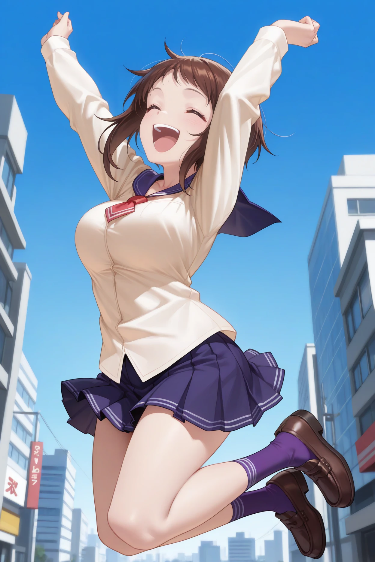 masterpiece, best quality, 1girl, solo,  <lora:wakanaui-illu-nvwls-v1:1> w4kanaui, brown hair, short hair, closed eyes, beige shirt, blue sailor collar, long sleeves, red neckerchief, blue miniskirt, pleated skirt, happy, open mouth, excited, jumping, loafers, purple socks, arm up, blue sky, city, large breasts, full body