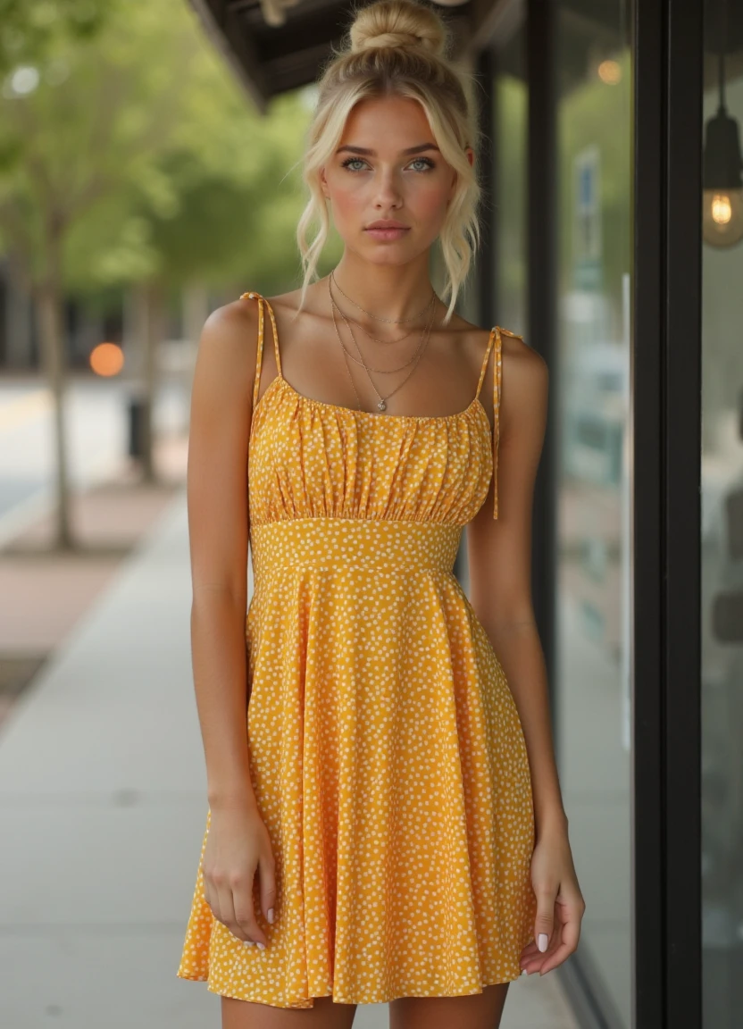 full body 8k cinematic photo of a sad young woman with blonde hair wearing a short yellow sundress with tiny white polka-dots, yellowsundress, hair pulled back into a single messy bun with loose strands of hair framing her face, purple eyes, bare legs, standing at a bus stop
