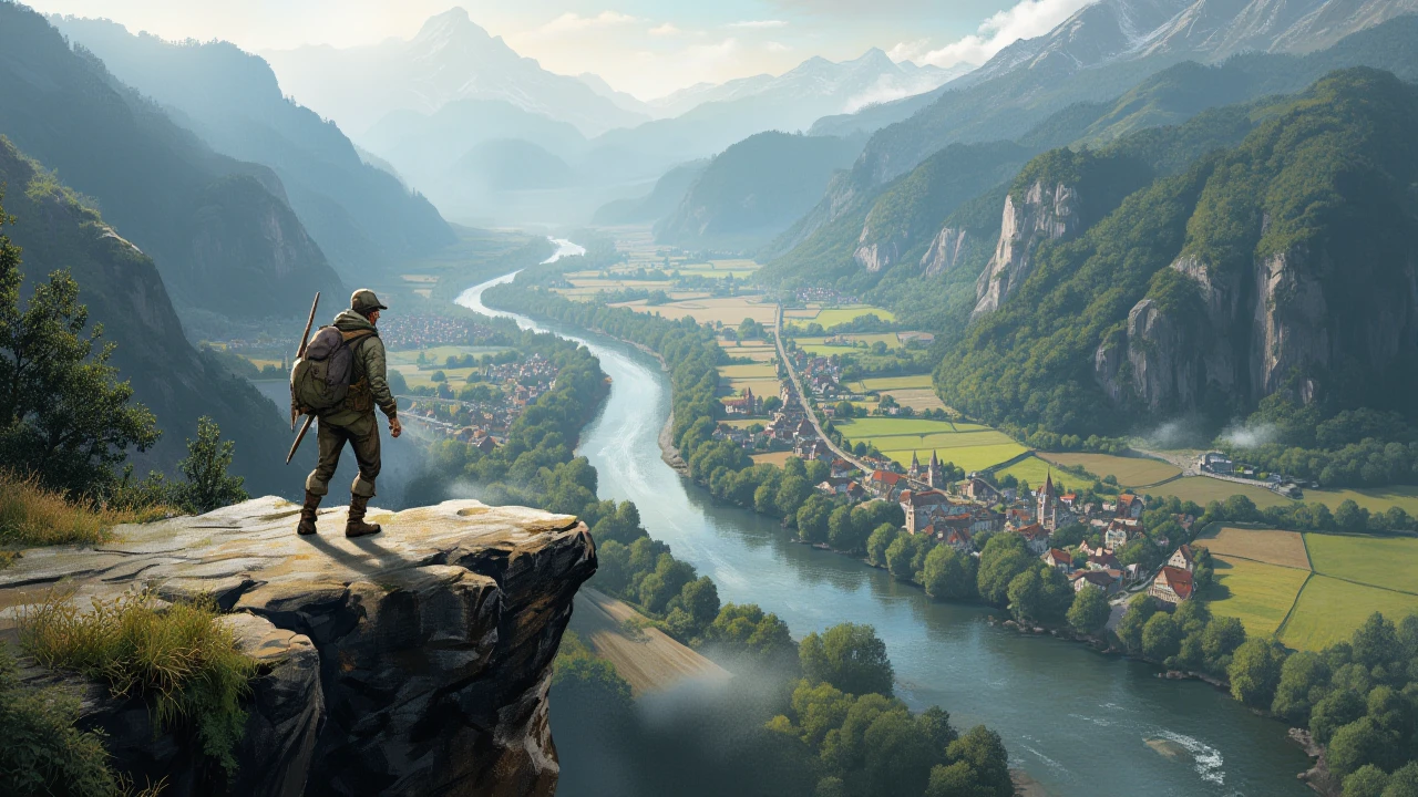 illustration in dad artstyle, man in outdoor clothing standing on top of a cliff overlooking a mountain river valley with farms surrounding a small town, engulfed partially in morning fog