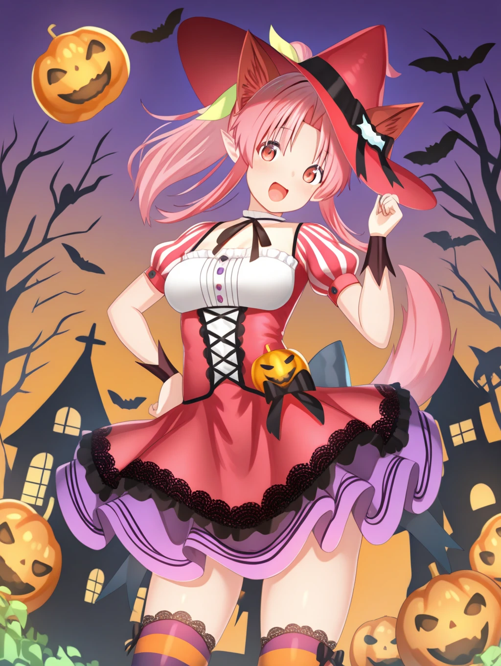 perfect quality,best quality,absolutely eye-catching,ambient occlusion,raytracing,
1girl,<lora:miriy harowinn IL v1:1>,harowinn,pink hair,ponytail,wolf ears,tail,puffy short sleeves,dress,witch hat,lace trim,striped thighhighs,halloween,from below,