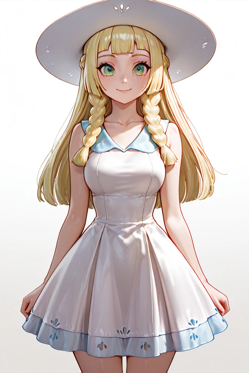 masterpiece, best quality, medium breasts, BREAK, zzLillie, long hair, braid, sun hat, white headwear, collarbone, sleeveless dress, white dress, <lora:LilliePokemonIXL:1.0>,smile, looking at viewer, cowboy shot,   <lora:BeautifulPeaches:1.0>,