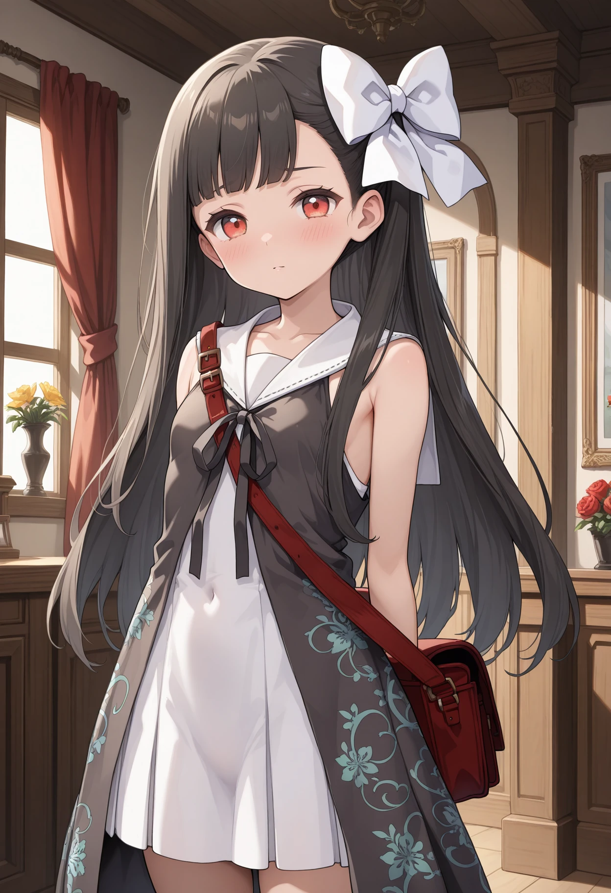 masterpiece, newest, absurdres, highres, 1girl, c-louise, flat chest, long hair, black hair, red eyes, hair bow, sleevess dress, white short dress, black neck ribbon, white sailor collar, sleeveless, indoors, red shoulder bag,