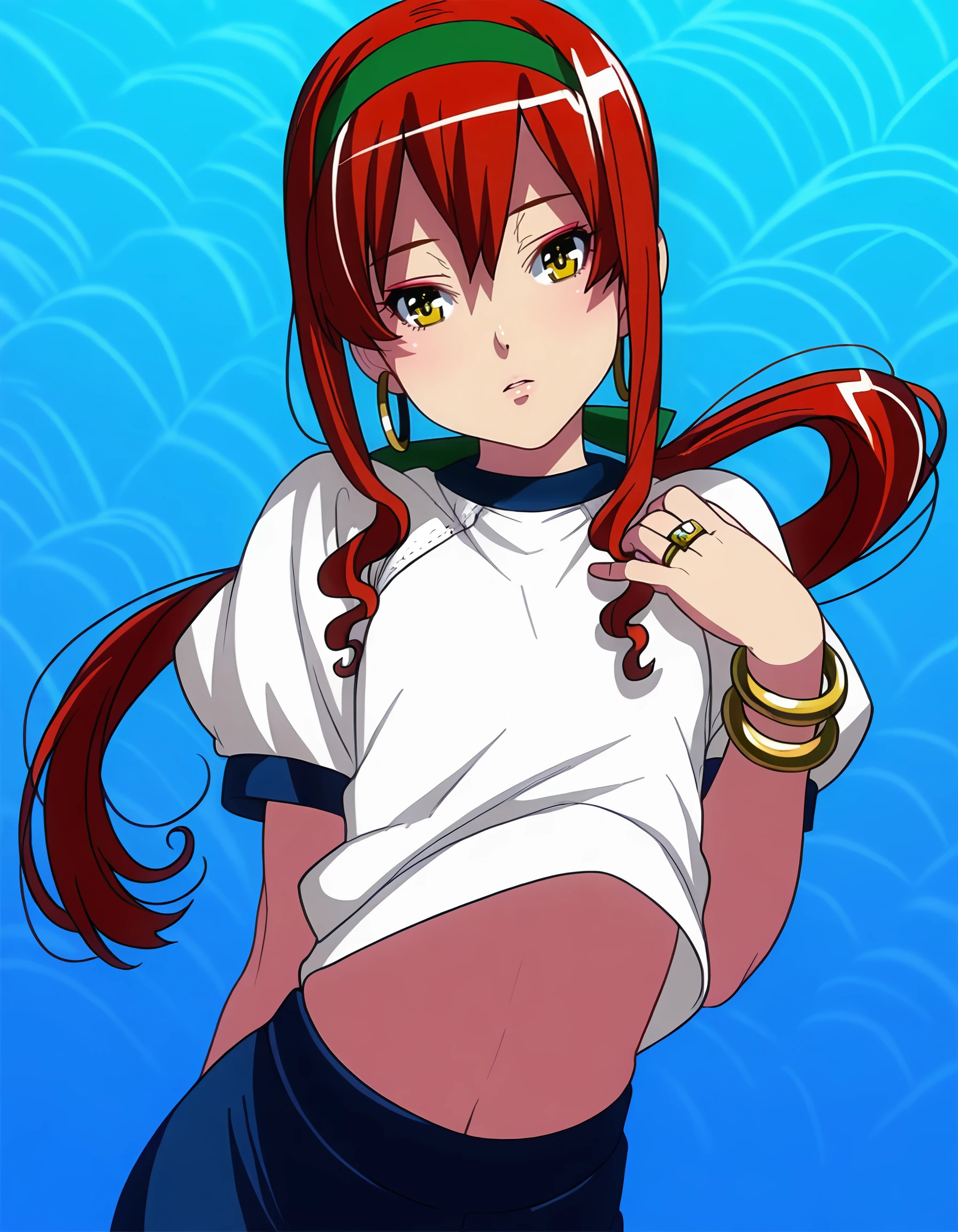 <lora:tsundero_-_haruka_shiga_il:1> tsundero_-_haruka_shiga, long_hair, brown_hair, red_hair, yellow_eyes, hairband, gym_uniform, ((floating_hair, floating_clothes)), (kouno_\(masao\):1.1), 1girl, arched_back, arm_at_side, black_theme, blue_background, blue_theme, bracelet, color_contrast, contrapposto, cowboy_shot, dot_nose, ear_piercing, earrings, expressionless, flat_chest, gold_bracelet, gold_earrings, gold_piercing, gold_ring, hand_up, head_tilt, high_collar, hoop_earrings, jewelry, limited_palette, looking_back, makeup, midriff, multiple_bracelets, multiple_rings, pale_color, parted_lips, piercing, red_theme, ring, sidelocks, solo, straight-on, tsurime, nuclear_powerplant, rainbow_background, masterpiece, detailed, best_quality