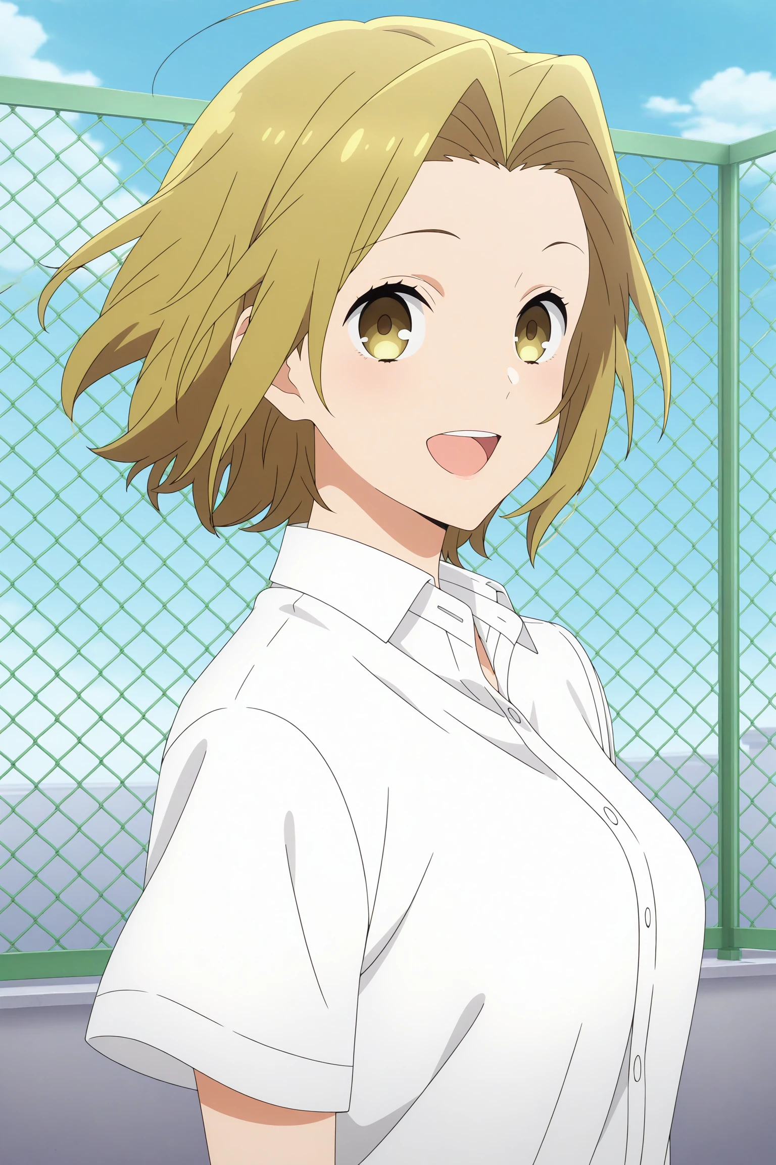 masterpiece, best quality, amazing quality, highres, absurdres, very aesthetic, high resolution, ultra detailed, perfect details, 1girl, solo, outdoors, school, rooftop, chain-link fence, yoshikawa yuki, blonde hair, short hair, curtained hair, yellow eyes, short sleeves, white shirt, collared shirt, untucked shirt, black skirt, pleated skirt, black socks, kneehighs, loafers, <lora:Yuki_Yoshikawa_ILXL:0.8>, (aged up:1.3), looking at viewer, (upper body:1.2), smile, anime screencap, wind, floating hair, open mouth
