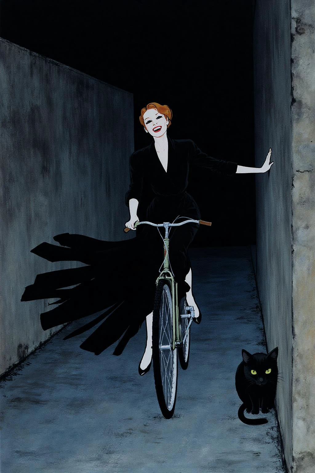 regr1 sketch A Japanese school girl riding a old style bicycle through a narrow, quiet street at night. The happy woman wears a simple, flowing black dress. In the corner, a small black cat with piercing eyes sits watching her quietly. The mood is tranquil and slightly magical. <lora:regr2_fashion_nocap_d6a3:1.0><lora:807698742376561952:0>