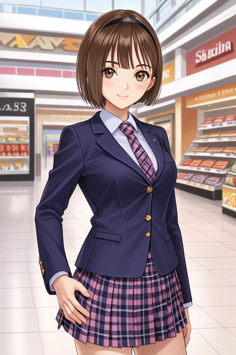 1girl, solo, looking at viewer, short hair, skirt, shopping mall, mall background, center of attention,  brown hair, white background, brown eyes, school uniform, standing, jacket, cowboy shot, pleated skirt, hairband, necktie, hand on hip, plaid, plaid skirt, bob cut, blazer,  Hoshizaki Ao, school uniform outfit,<lora:Hoshizaki_Ao_Blue_Reflection_Pony:0.95>,  sexy pose, sexy smile,