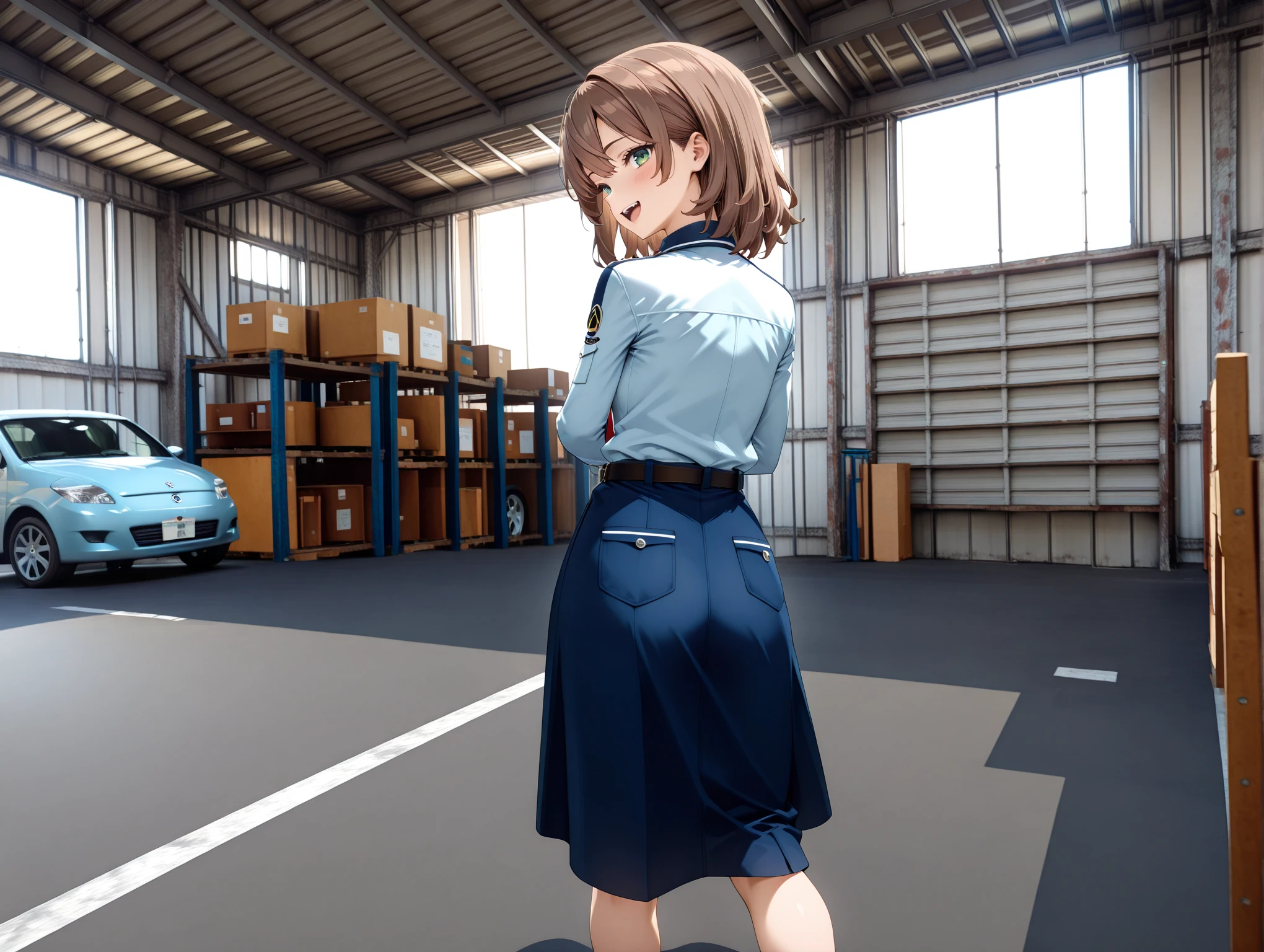 masterpiece,best quality,amazing quality,
solo,1girl,
<lora:akino_ilxl_v1.1:1>,akino,medium hair,brown hair,green eyes,a_s_clothes,shirt,red necktie,long sleeves,belt,pocket,blue skirt,black footwear,long_skirt,
<lora:warehouse01_ilxl_v1.2:1>,warehouse02,<lora:Fixhands_anime_bdsqlsz_V1:1>,looking_at_viewer,looking_back,panorama,back,motor vehicle,car,foreshortening,laughing,