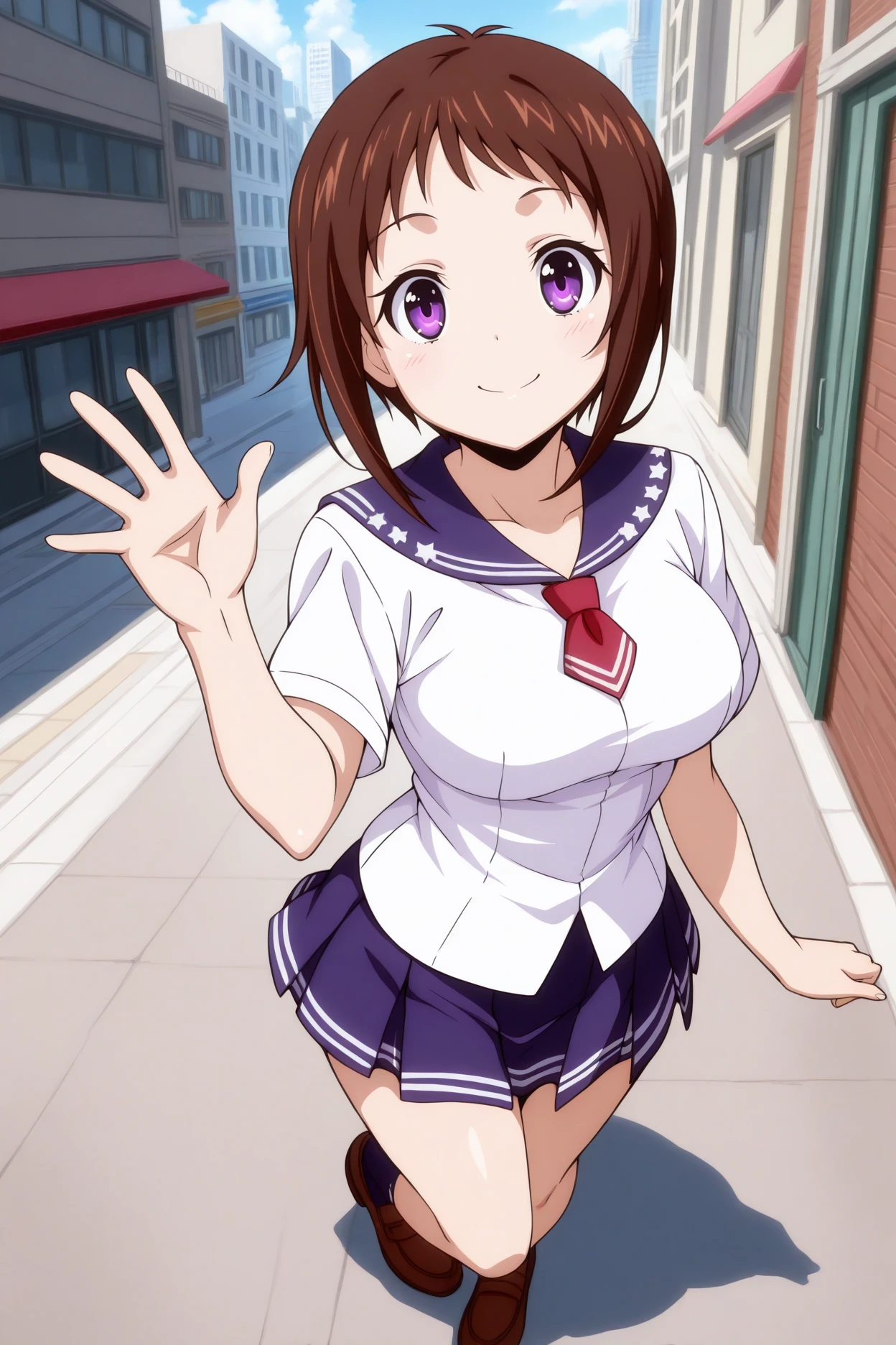 masterpiece, best quality, 1girl, solo,  <lora:wakanaui-illu-nvwls-v1:1> w4kanaui, brown hair, short hair, purple eyes, white shirt, blue sailor collar, short sleeves, red neckerchief, blue miniskirt, pleated skirt, loafers, looking at viewer, waving, smile, full body, city, alleyway