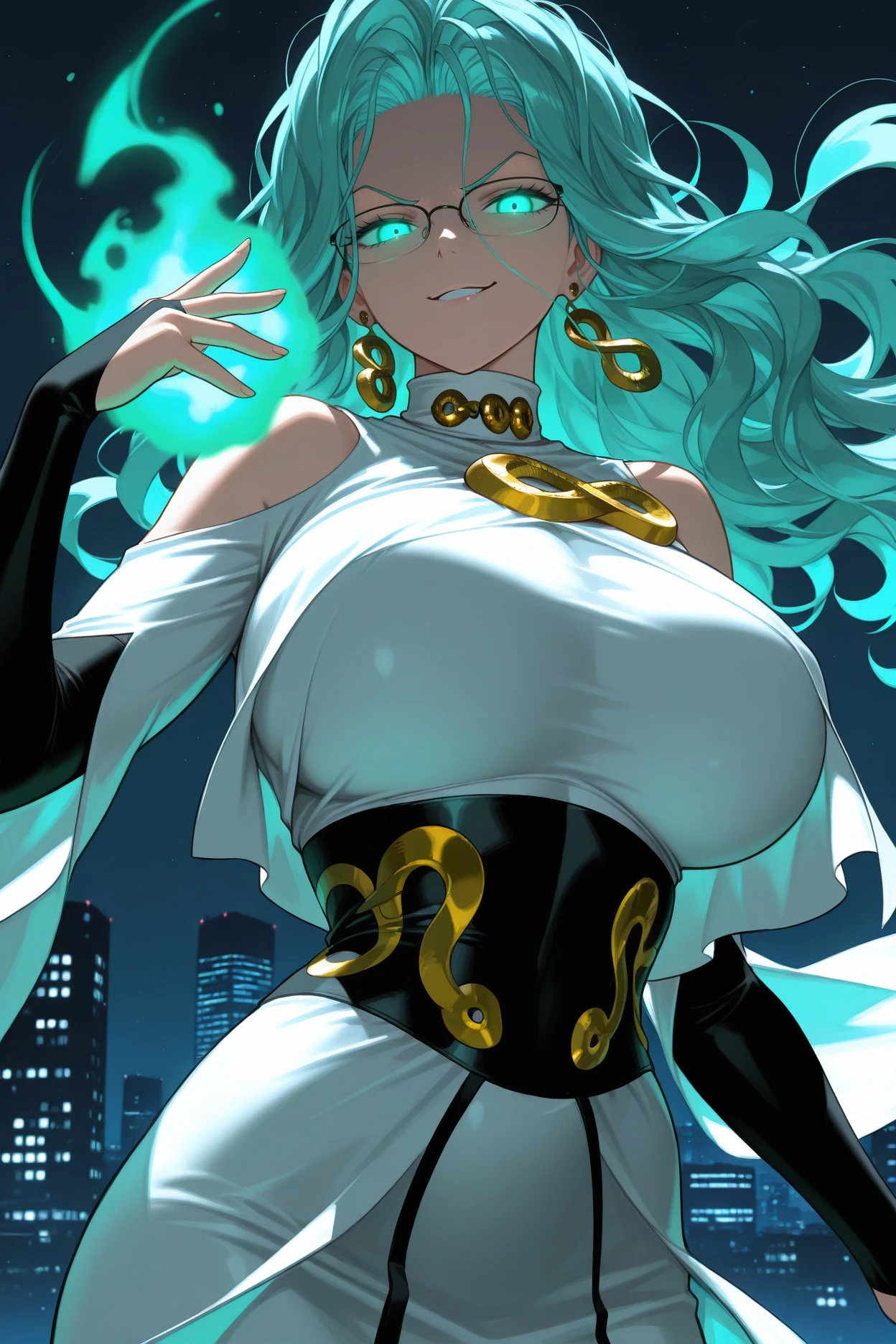 masterpiece, best quality, 1girl, solo, <lora:psykos-illu-nvwls-v1-000006:1> opmpsy, wavy hair, aqua hair, long hair, aqua eyes, huge breasts, earrings, glasses, turtleneck, white dress, shoulder cutout, bare shoulders, black underbust, gold brooch, black elbow gloves, bridal gauntlets, long dress, night sky, glowing eyes, hand up, green magic, telekinesis, cityscape, floating, upper body, smirk, looking at viewer