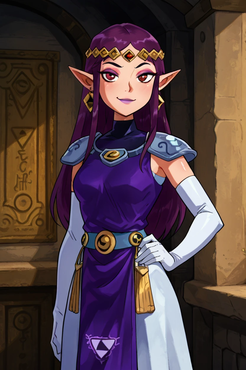 masterpiece, best quality, solo, curvy, beautiful eyes,,<lora:HildaZeldaIXL:1.0>, zzHilda, red eyes, purple hair, long hair, pointy ears,  tiara, white gloves, dress, elbow gloves, jewelry, makeup, earrings, purple tabard, triforce, shoulder armor, tiara,cowboy shot, hand on hip, smug, smile, looking at viewer, shiny skin,<lora:TTitansStyleIXL:1.0>,