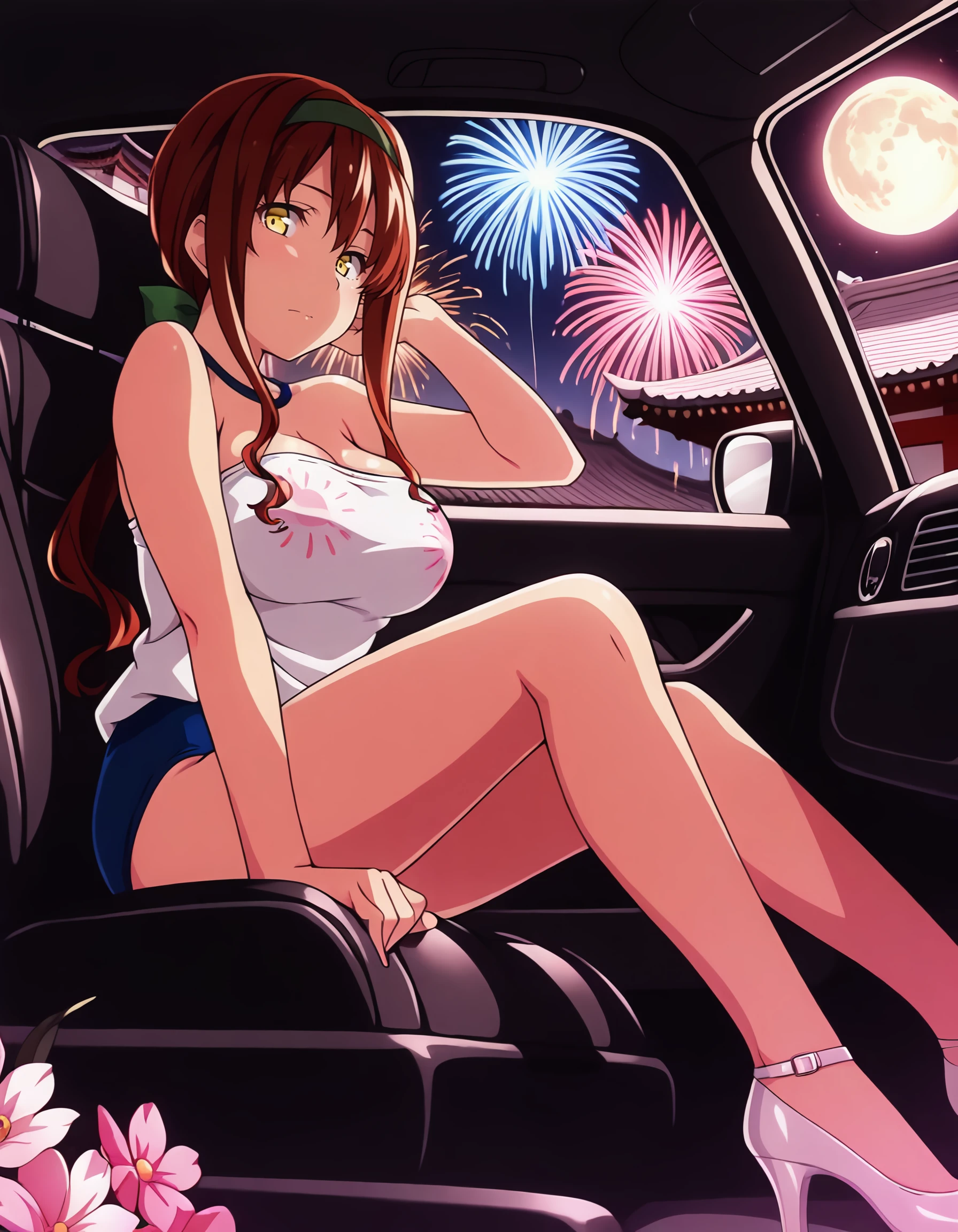 <lora:tsundero_-_haruka_shiga_il:1> tsundero_-_haruka_shiga, long_hair, brown_hair, red_hair, yellow_eyes, hairband, gym_uniform, shadow, contrast, glow, neon_trim, (nanahara_fuyuki:1.0), 1girl, architecture, bare_legs, bare_shoulders, east_asian_architecture, flower, full_moon, hand_up, high_heels, legs, moon, pink_flower, pink_theme, solo, strapless, airbrush_\(medium\), car_interior, Fireworks_print, masterpiece, detailed, best_quality