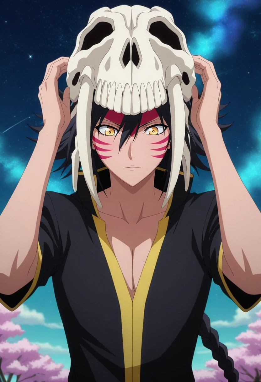 masterpiece, best quality, , anime screencap, anime coloring, , , 1boy, solo, male focus, <lora:ggio_vega_ilxl:0.96>, ggio_vega, black hair, yellow eyes, long hair, braid, single braid, hair between eyes, skull on head, animal skull, facial mark, cosmic arboretum, starlight trees, nebula blossoms, floating gardens, tending pose, mesmerized expression, galaxy glow, dwarf costume