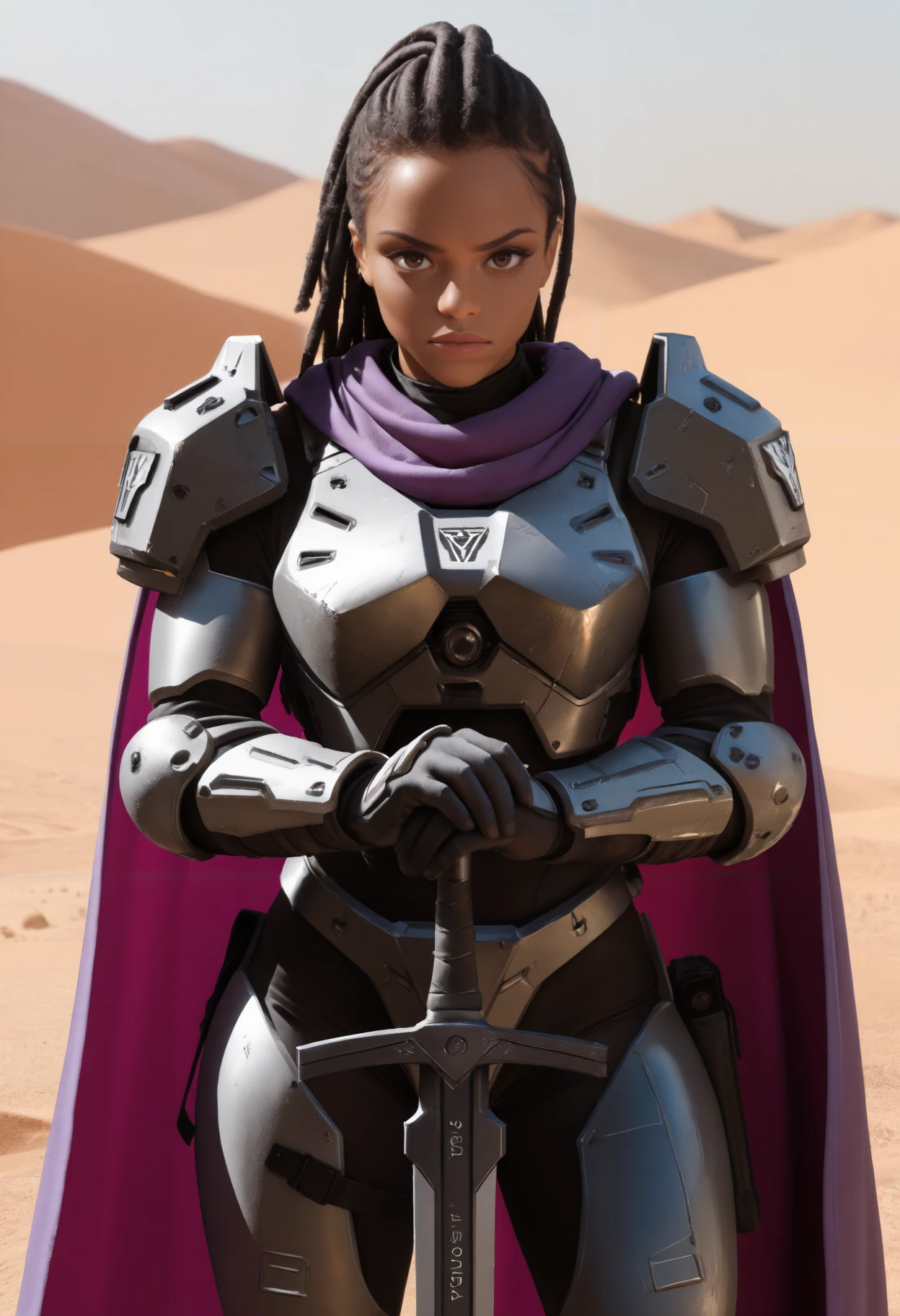 masterpiece, best quality, newest, absurdres, highres, sunlight, 1girl, solo, kiiraanooir, black hair, long hair, dreadlocks, brown eyes, dark-skinned female, looking at viewer, serious, holding sword, planted sword, hands on hilt, straight-on, spartan armor, shoulder armor, breastplate, purple cape, desert
<lora:kira noir noob 1.1:1>