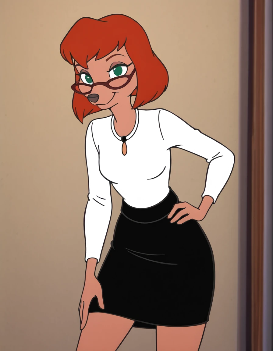 <lora:SylviaMarpoleIllustrious1.0JLFO:1> sylvia, 1girl, solo, orange hair, short hair, green eyes, furry female, glasses, smile, white shirt, black skirt,necklace, looking at viewer, hand on own hip, cowboy shot,