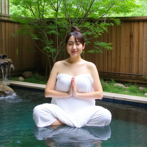 This photograph features an Asian woman with a medium build and light skin, sitting cross-legged in a serene outdoor hot tub surrounded by lush greenery. She is wrapped in a white towel, covering her torso and legs, with her hair styled in a bun. She is meditating with hands clasped in front of her chest. The hot tub has a wooden fence in the background and a small stone waterfall feature to the left. The setting is tranquil and private, evoking a sense of calm and relaxation. Onsen, Japanese_Bath