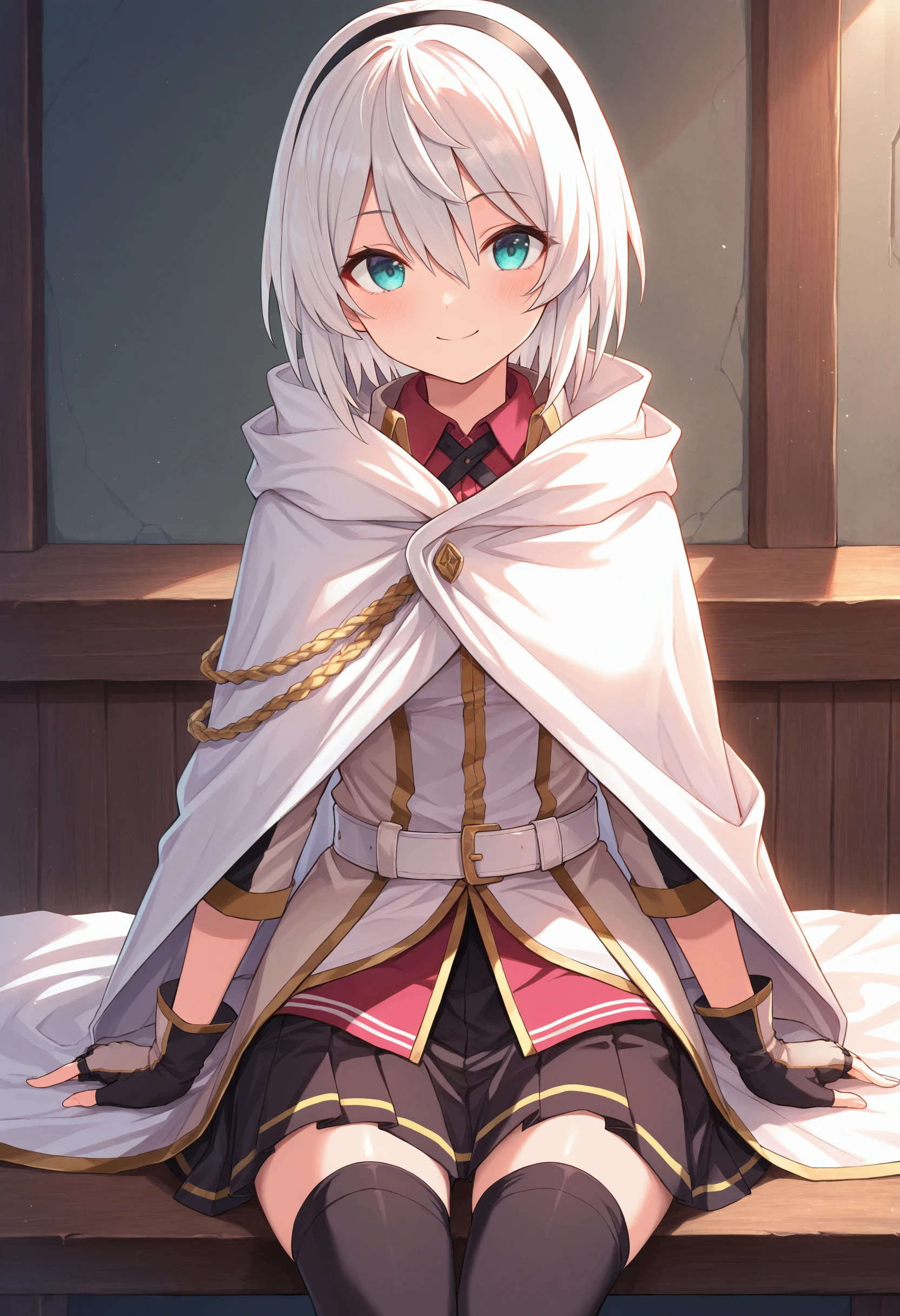 masterpiece, best quality, absurdres, safe
1girl amnesia, short hair, hairband, smile
fingerless gloves, shirt, belt, white cloak, white shirt, white jacket, black skirt, black thighhighs, long sleeves, black gloves, white cape, pleated skirt
sitting, looking at viewer
<lora:avilia_amnesia_il_d32:1>