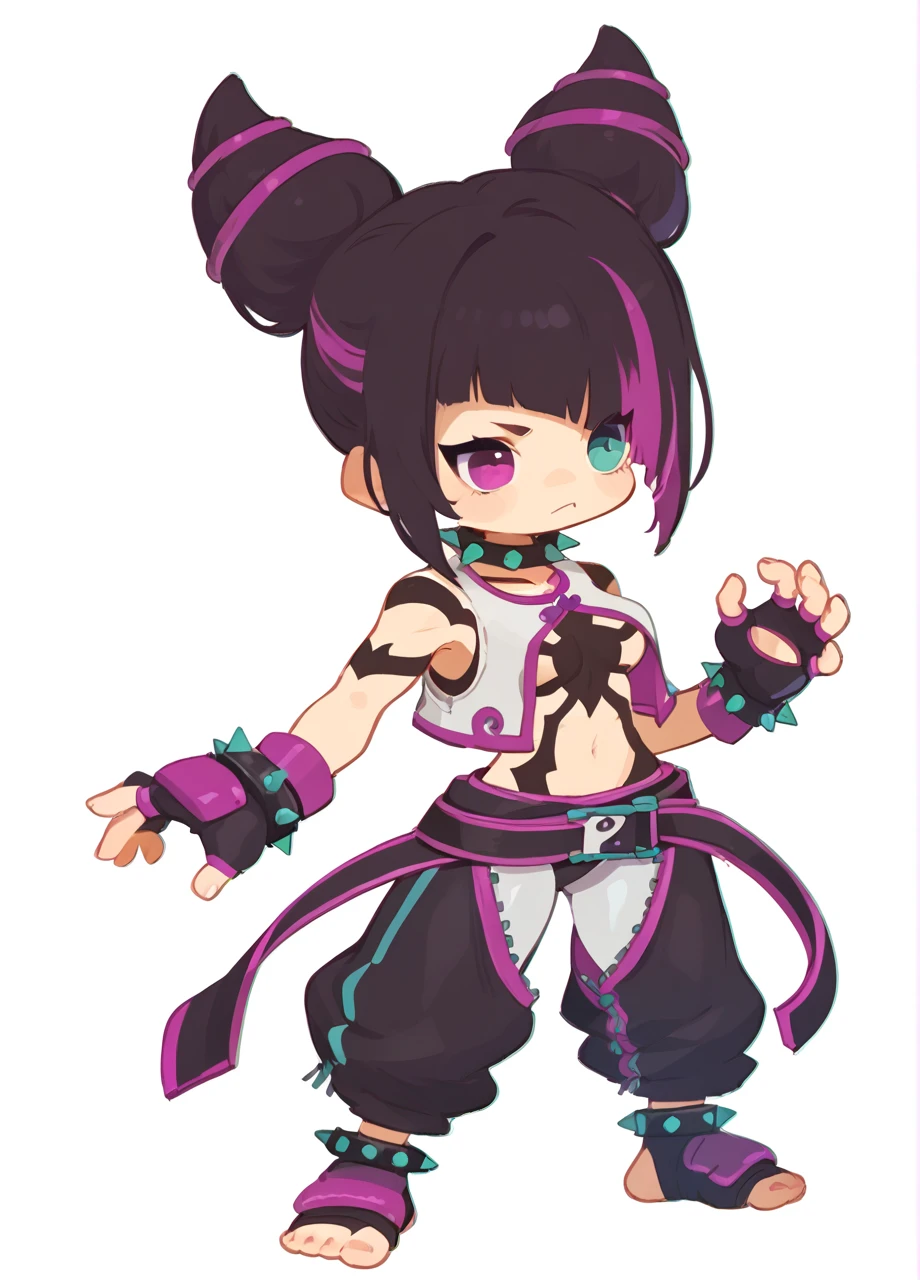 <lora:SF_Juri-PONY:0.8> sfvjuri, cone hair buns, sidelocks, bangs, black hair, purple hair, heterochromia, streaked hair, spiked collar, white vest, spiked bracelets, fingerless gloves, belt, chaps, 1girl, solo, full body, chibi, rizunm_style <lora:Style_RizuNM-PONY:0.8>, score_8_up, score_7_up, score_6_up, score_5_up