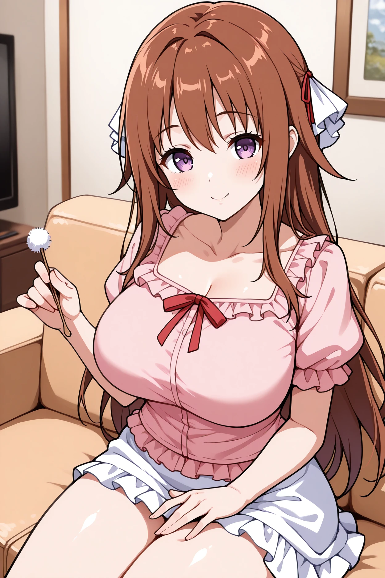 masterpiece, best quality, 1girl, solo <lora:csayuu-illu-nvwls-v1-000005:1> csayuu, brown hair, long hair, purple eyes, hair ribbon, white ribbon, pink shirt, puffy sleeves, frills, red ribbon, white miniskirt, big breasts, looking at viewer, thighs, lap pillow invitation, couch, living room, smile, blush, holding mimikaki