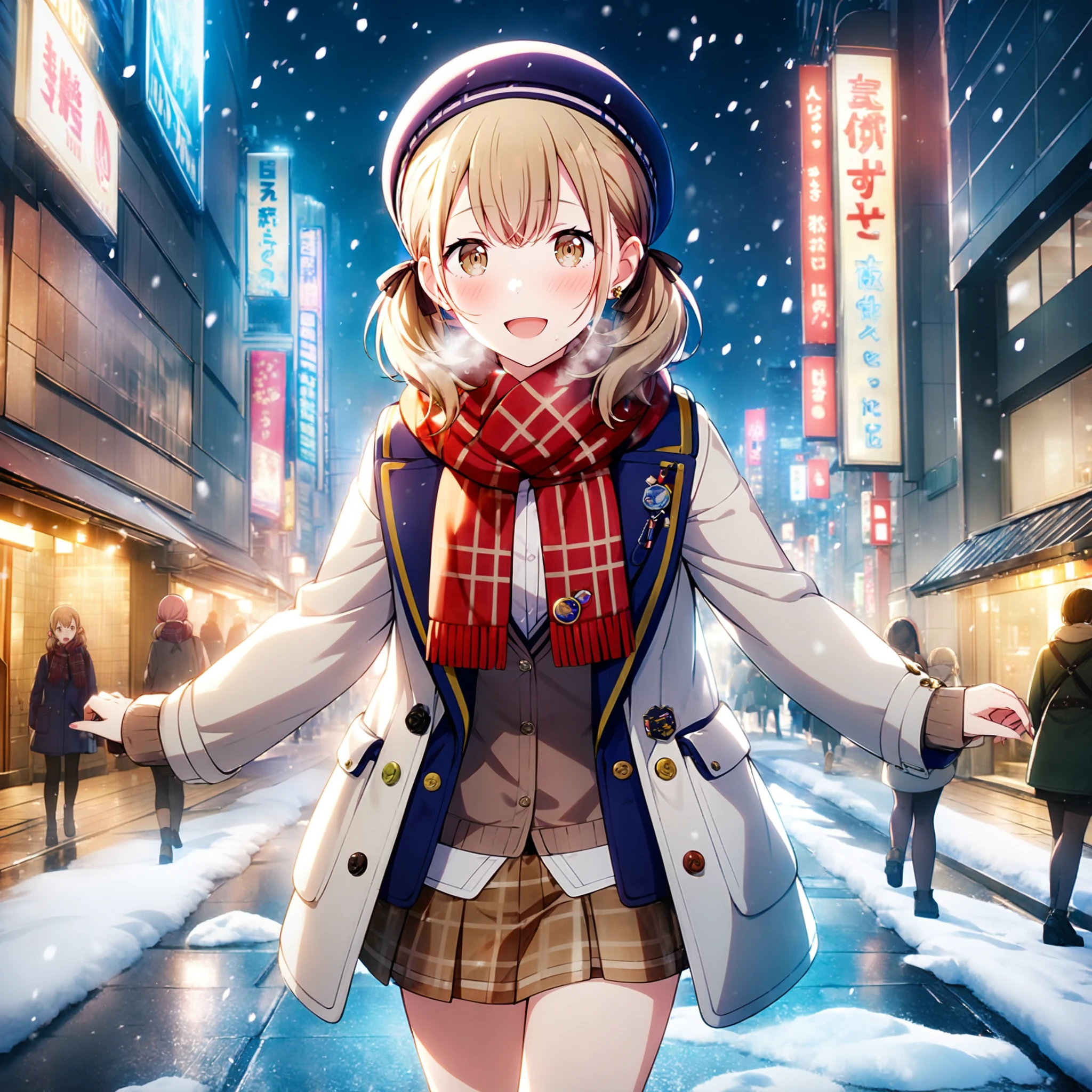 1girl, azusawa kohane, project sekai, masterpiece, very aesthetic, absurdres, official art,
hamsterinpocket, low twintails, blond short hair, beige eyes, hair between eyes, perfect hand,
(reaching towards viewer:1.2), (looking at viewer:1.4), :D, (walking:1.2), cowboy shot, blush, heavy breathing, BREAK
red scarf, miniskirt, white coat, brown skirt, red hair ribbon, purple beret, brown cardigan, white coat, pom pom (clothes), plaid skirt, open coat, fringe trim, sleeves past wrists, badge, earring, stuff in pocket,
(snowing, winter scenery, snow city:1.4), Tokyo, Shibuya, intersection, silent scenery, City of night, illumination,
<lora:sdxl-vbs-HamsterInPocket01:0.8:lbw=0,0,0.2,0.2,0,0.4,0.4,0,0.8,0.8,0,0,0,0.8,0.8,0.6,0.8,0.0,0.0,0.0,0,0,0,0,0,0>