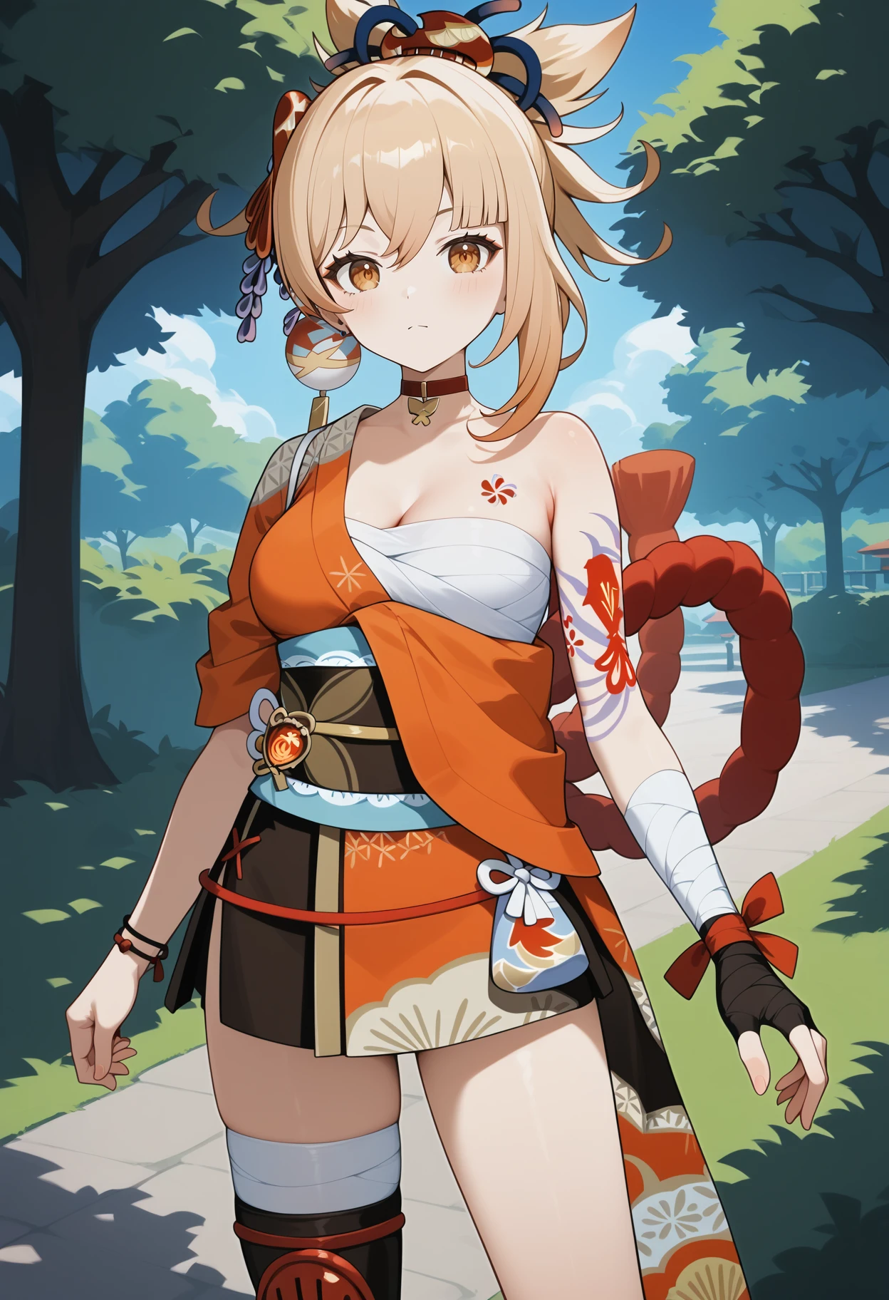 score_9, score_8_up, score_7_up, score_6_up, score_5_up, score_4_up, source_anime, aayoimiya, blonde hair, ponytail, hair ornament, orange eyes, breasts, tattoo, red choker, single bare shoulder, orange kimono, bandaged chest, bandaged arm, bracelet, single glove, fingerless gloves, black gloves, obi, rope, leg armor, single thighhigh, <lora:yoimiya_(genshin_impact)_ponyxl_v1:0.9>, standing, cowboy shot, park,