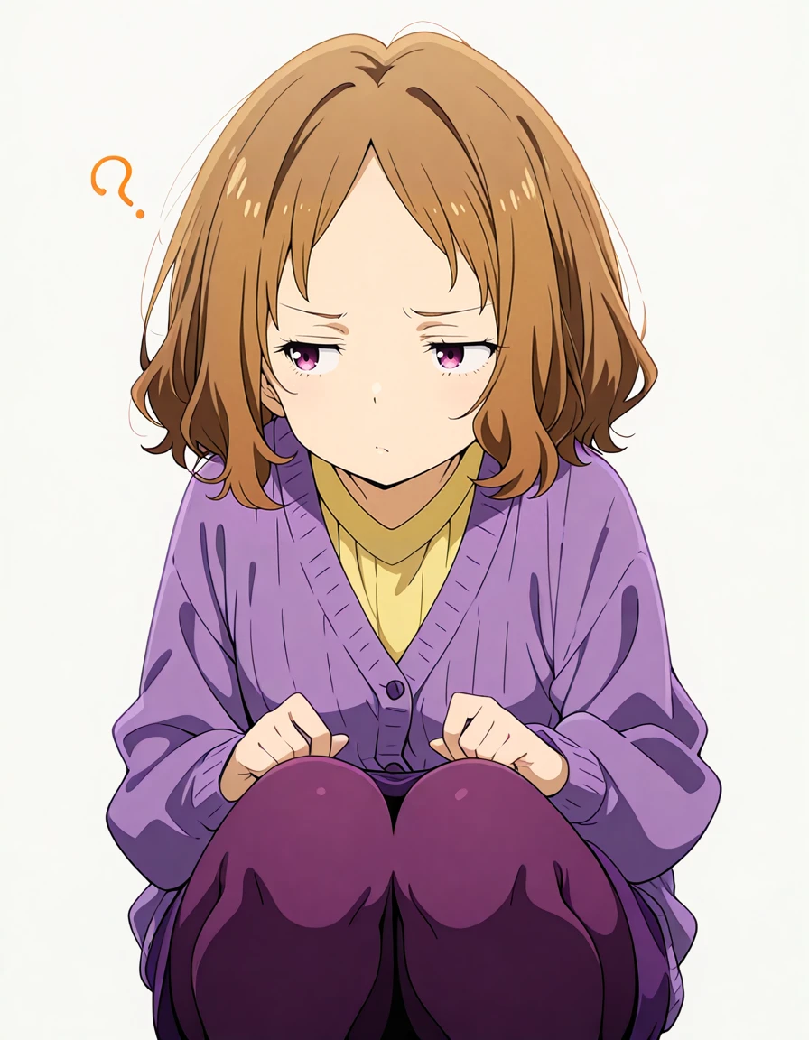 1girl, standing, looking away, facing viewer, confused, squatting, legs together,  
amanatsu sensei, brown hair, purple eyes, short hair, parted bangs, purple cardigan, yellow shirt, long sleeves, purple skirt, purple pantyhose, 
white background, simple background, 
masterpiece, best quality, anime coloring, [flat color:0.4], official art, thin outline,  
<lora:amanatsu_sensei_Illustrious-XL-v0.1_came_720_v1.0:1>