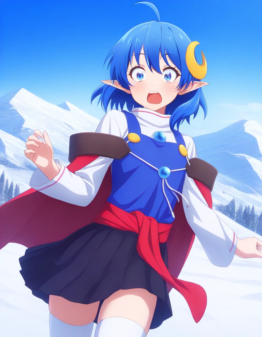 <lora:so2rena_SDXL_Illustrious_fp16_ver01:1>,so2rena, 1girl, skirt, blue hair,blue eyes, ahoge,crescent hair ornament, red cape,white thighhighs,  cape,snow mountain,snowscape,cowboy shot,newest,surprised,wide-eyed,open mouth,, <lora:HairintakesEraser_v01_illustrious_10steps:1.5>, masterpiece, best quality, very aesthetic, absurdres,<lora:detailed_hands:1>,hand