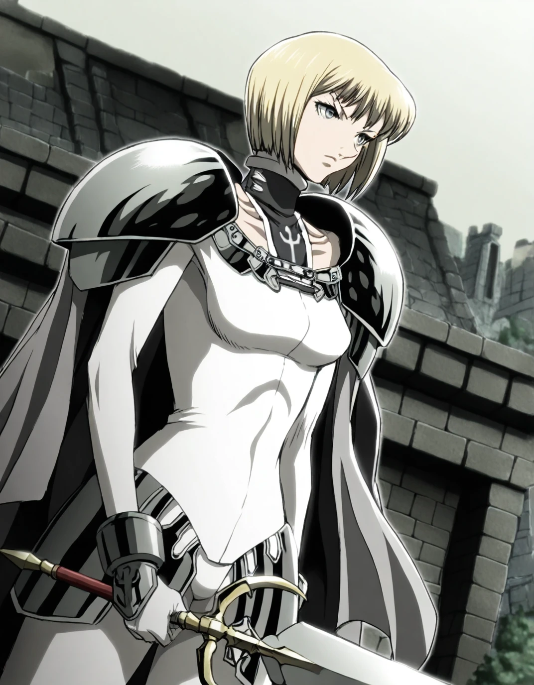 Side view, Solo, Clare, Short hair, Blonde hair, Blunt bangs, White bodysuit, Pauldrons, Cape, white gloves, cuffs, Lower armour, grey eyes, (detailed eyes), holding single sword, collarbone, (insignia), Dutch angle, serious, dutch angle, day, fantasy city, stone building, nature, tree, best quality, masterpiece