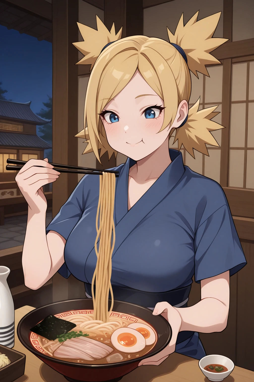 masterpiece, best quality, smile, 1girl, tmr, large breasts, blonde hair, blue eyes, quad tails, parted bangs, blue kimono, short sleeves, toeless legwear, holding chopsticks, eating, indoors, east asian architecture, restaurant, ramen, sake, night, medieval, <lora:Hoseki_Boruto_Temari_IllustriousXL_v1:1>