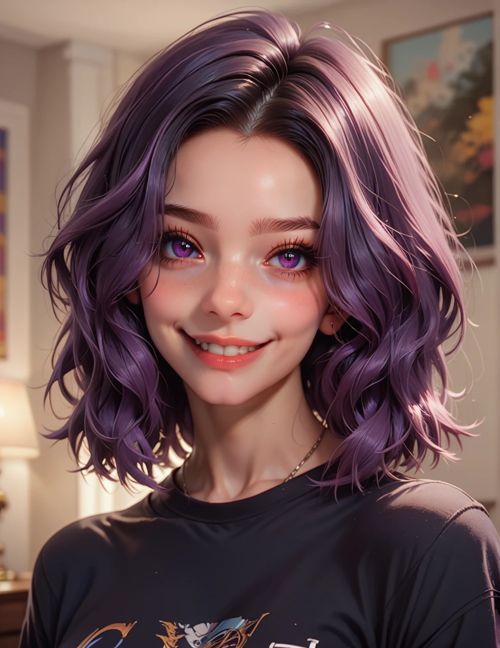 score_9, score_8_up, score_8, score_7_up, score_7,
Portrait of a beautiful girl, 25 years old, with dark purple hair, purple dark eyes, room, short black shirt, smile,
<lora:topmodel:1>
<lora:julia_pony_final:1> juliaponyvf