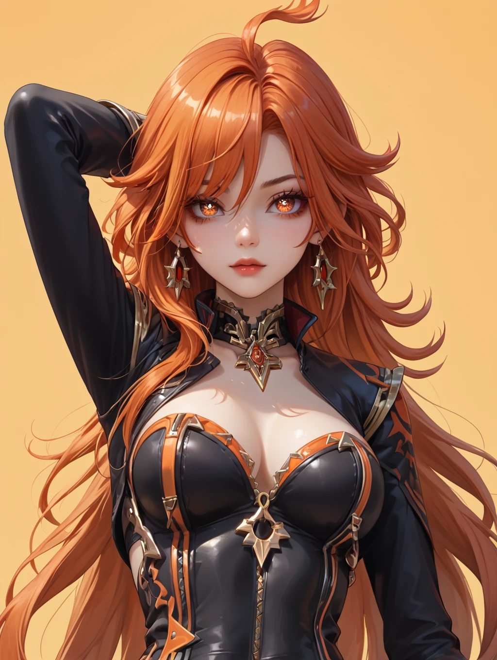 1girl, mavuika (genshin inpact), mavuika, (official mihoyo), (genshin inpact), orange burning hair, simbol eyes, tight leather outfit, <lora:MavuikaPony:0.6>
looking at viewer, arm behind head, arm up,