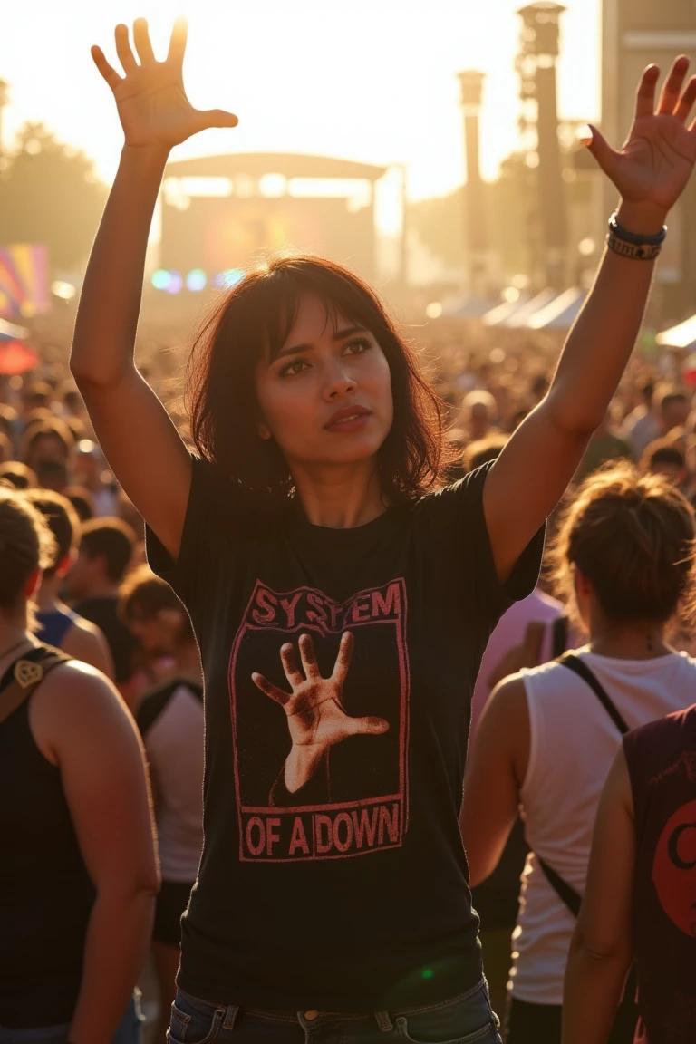 A beautiful goth woman with striking features, wearing a System of a Down t-shirt, stands confidently in a bustling music festival at noon. The golden hour lighting bathes the scene in warm, soft hues, highlighting her dark attire and the vibrant energy of the crowd. The shot is framed mid-range, capturing her in a dynamic pose, arms raised, immersed in the music. The background is filled with festival-goers, colorful banners, and stages. The composition emphasizes her as the focal point, with the sunlight casting long shadows and creating a dreamy, atmospheric glow.