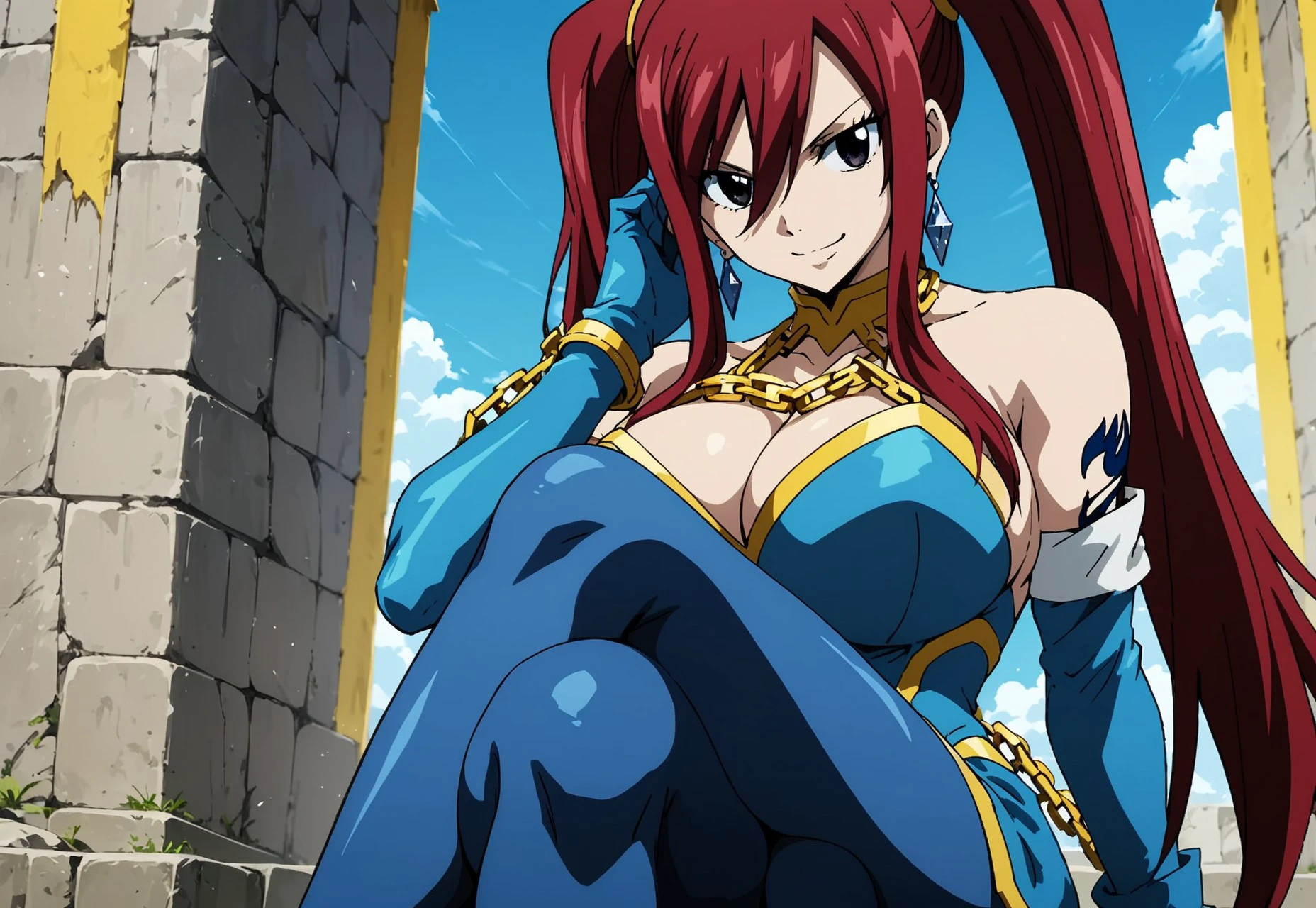 safe_pos, safe_pos, score_9, score_8_up, score_7_up, source_anime,
erzascarlet, <lora:erza-scarlet-ponyxl-lora-nochekaiser:1>
hair between eyes, kneeling, blue outfit (yellow outlines), golden chains, blue earrings, blue long gloves, blue tights (yellow outlines) seductive looks, twin ponytails hair, big breasts, sitting, crossed legs up, hand on cheek, smiling, low angle