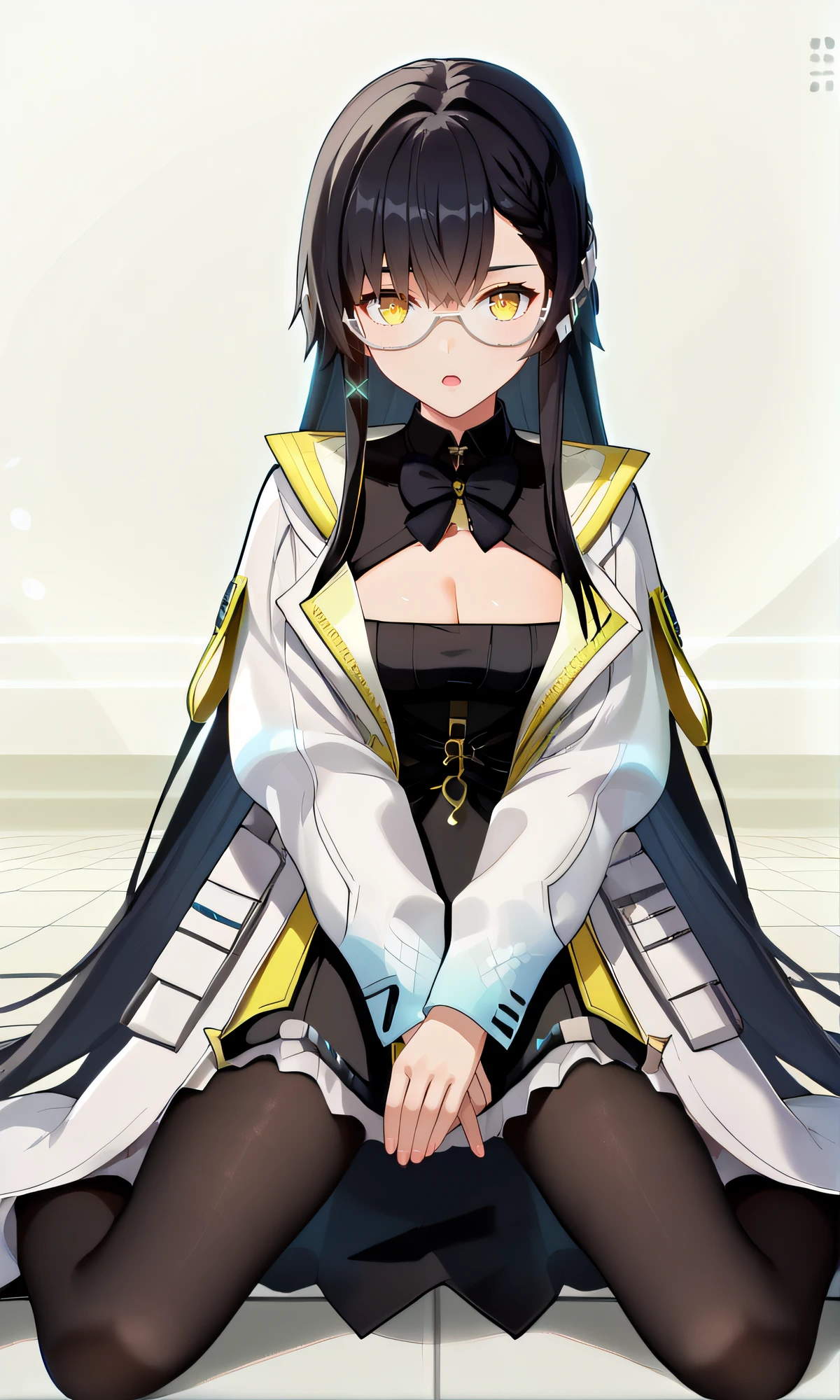 score_9, score_8_up, score_7_up, source_anime, rating_safe, intricate details, anime screencap, official style, anime coloring, 1girl, solo, <lora:Heimdall:1>, heimdall, black hair, long hair, yellow eyes, glasses, dress, cleavage cutout, black collar, medium breasts, black bowtie, white coat, looking at viewer, full body, open mouth, feet, black pantyhose, sitting on floor, arms around legs, five fingers