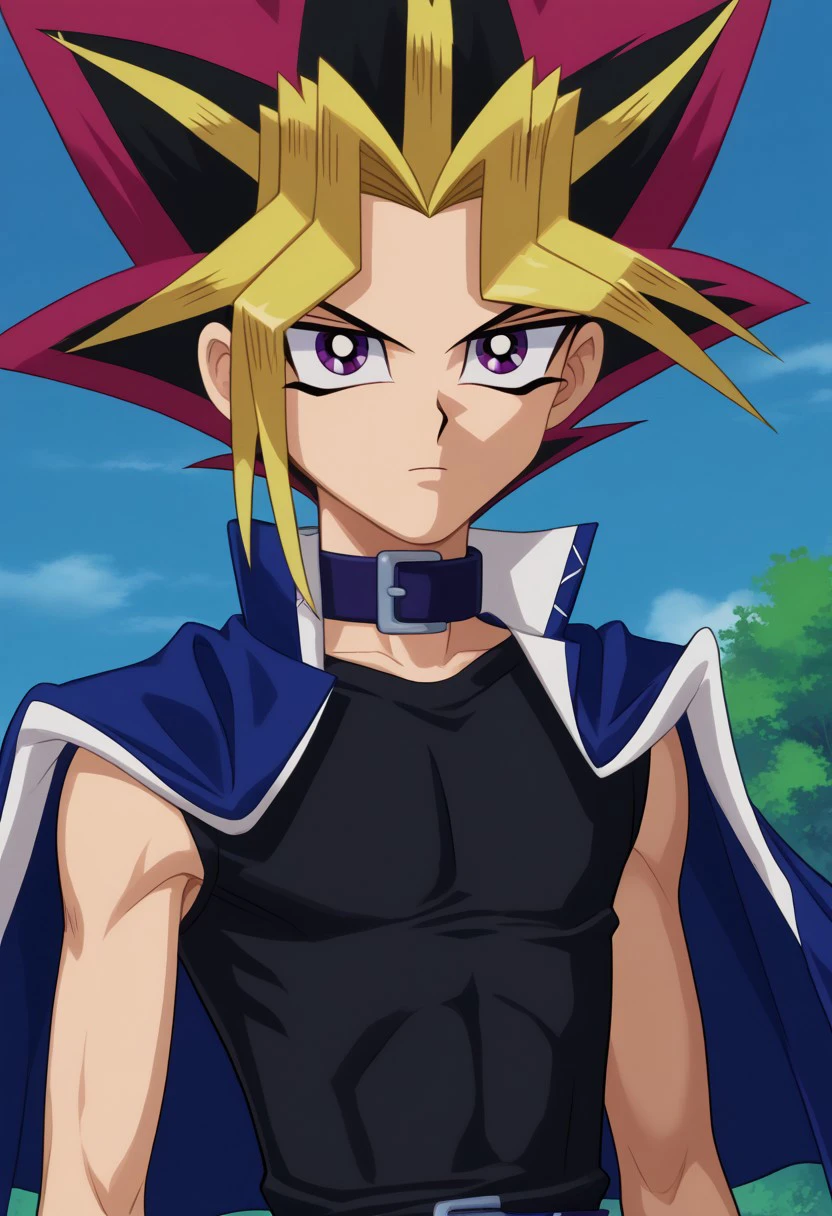masterpiece, best quality, 
yugi, 1boy, male focus, solo, muto yugi, purple eyes, spiked hair, multicolored hair, black hair, purple hair, blonde hair, bangs, dyed bangs, collar, school uniform, gakuran, shirt, white shirt, collared shirt, jacket, blue jacket, long sleeves, belt, smile, cute, jewelry, chain necklace, millennium puzzle
outdoor, sky, tree,